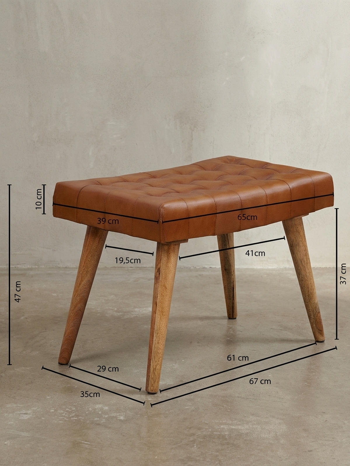 SITZHOCKER – Echtleder/Naturholz, modern, 120 kg Belastbarkeit - Braun, Mangoholz/Leder (67/47/39cm) - KADIMA DESIGN
