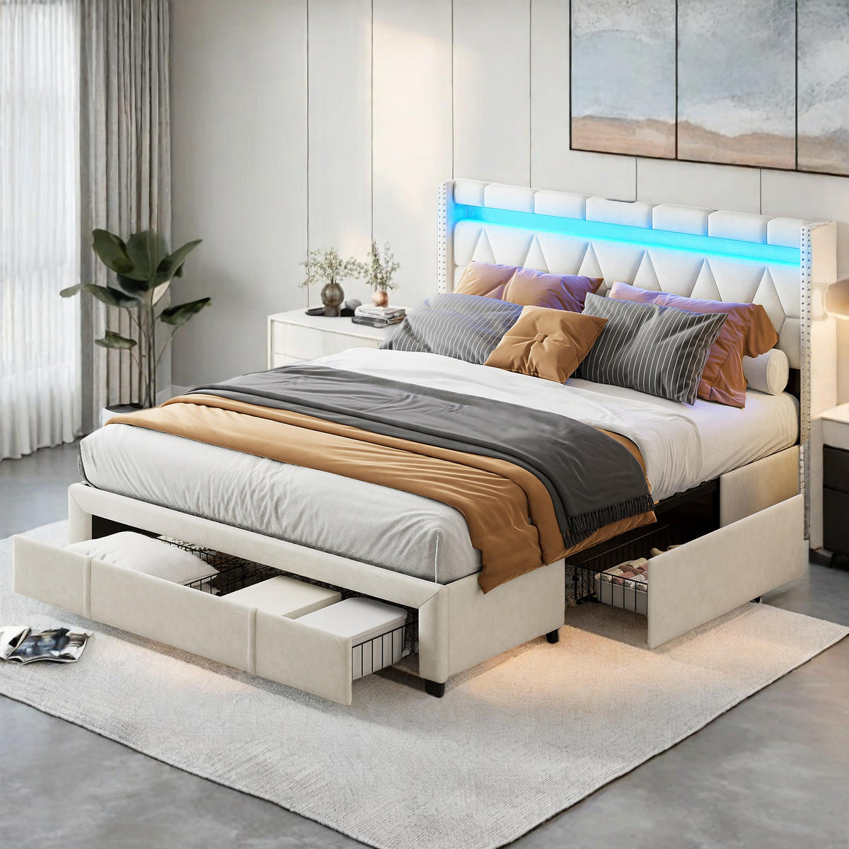 KLÄDD säng 160x200 cm beige tyg LED USB 4 lådor - Beige, Trä (160/200cm) - SHOPENTRA