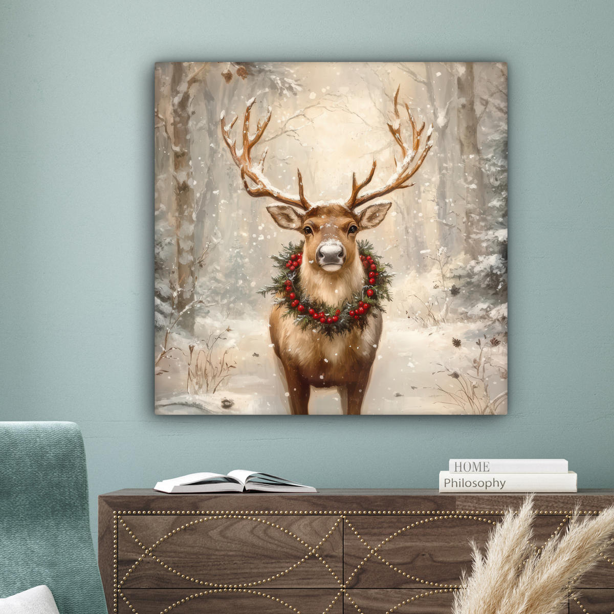 LEINWANDBILD Weihnachten - Rentier - Winter - Kranz 90x90 cm - Naturfarben, Textil (90/90cm) - MuchoWow