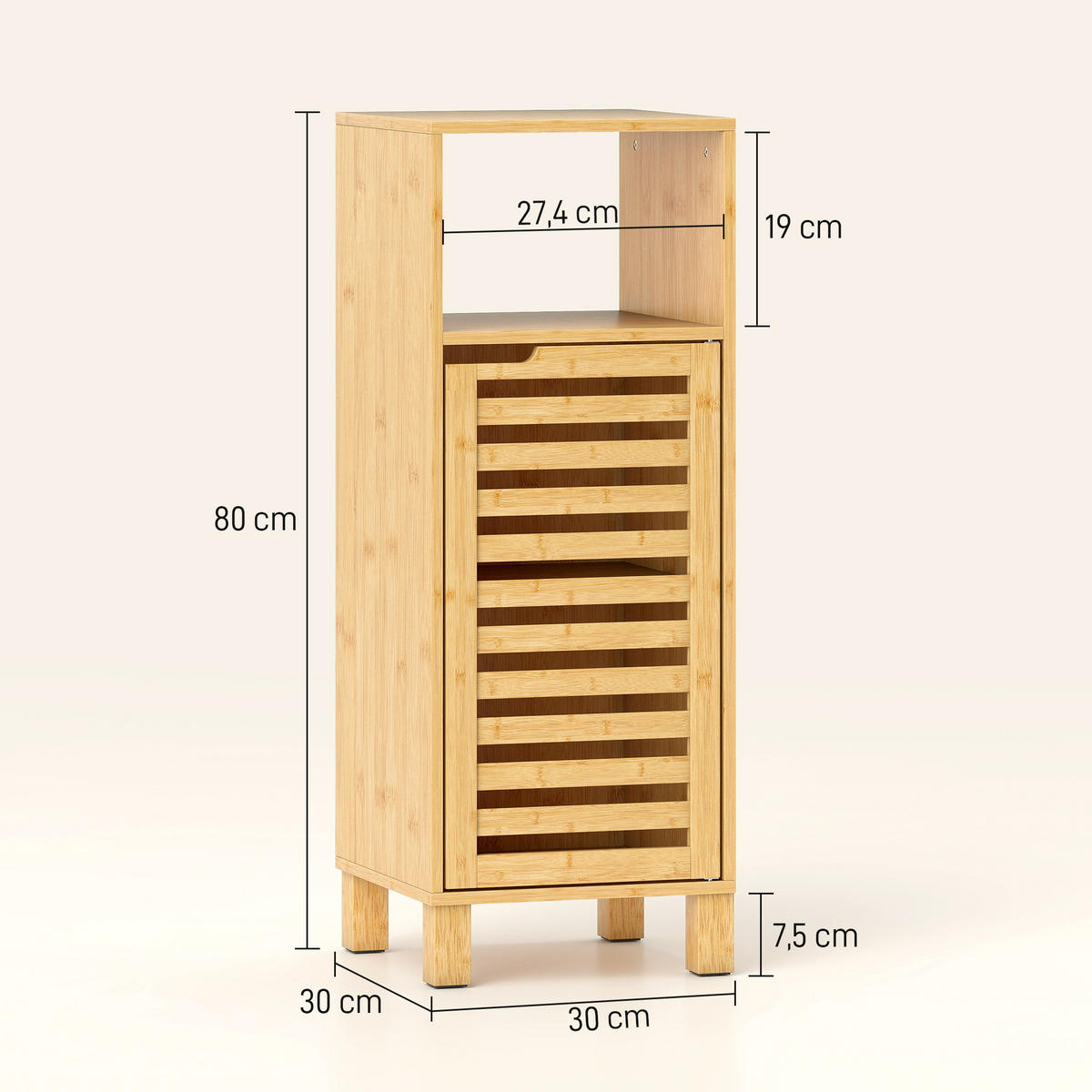 BADEZIMMERSCHRANK Badschrank schmal mit verstellbaren Regalen, offenem Fach - Naturfarben, Holz/Bambusholz (30/80/30cm) - HOMCOM