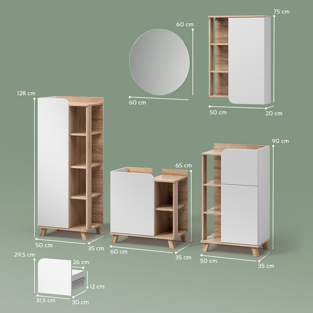 BADMÖBEL-SET Marano Sonoma/Weiß 5 Teile - Weiß/Sonoma Eiche, Holzwerkstoff (60/65/35cm) - Livinity®