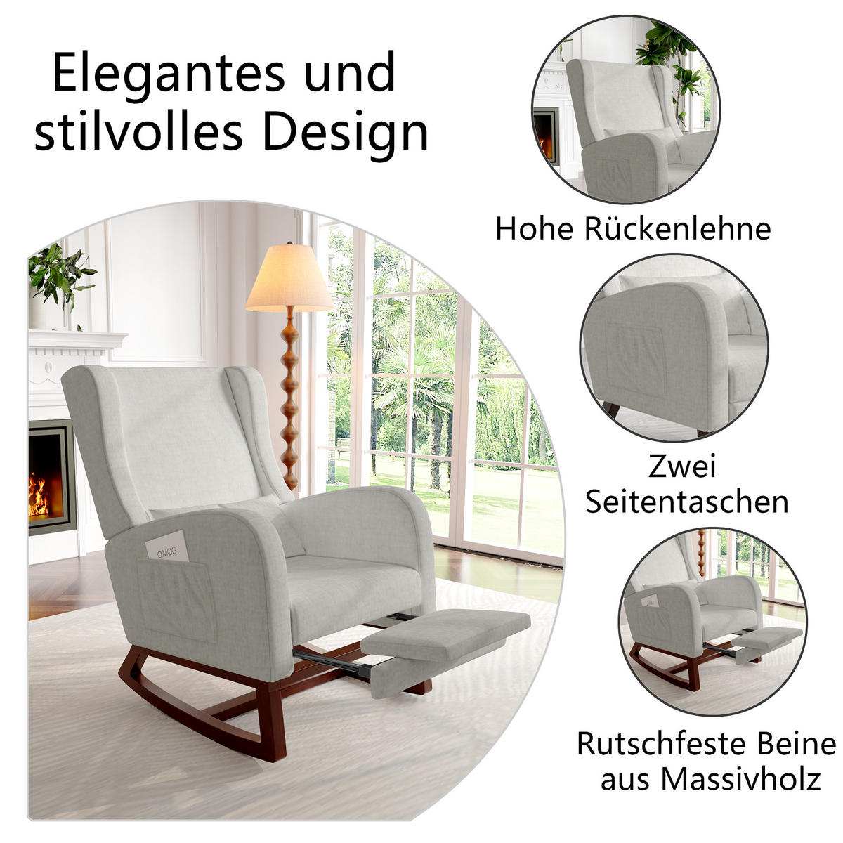SCHAUKELSTUHL Leinenoptik, ausziehbare Fußstütze, Seiten Taschen, geräuschdämpfend, mit Kissen, grau - Greige, Holz (64/99/67cm) - Joyfair
