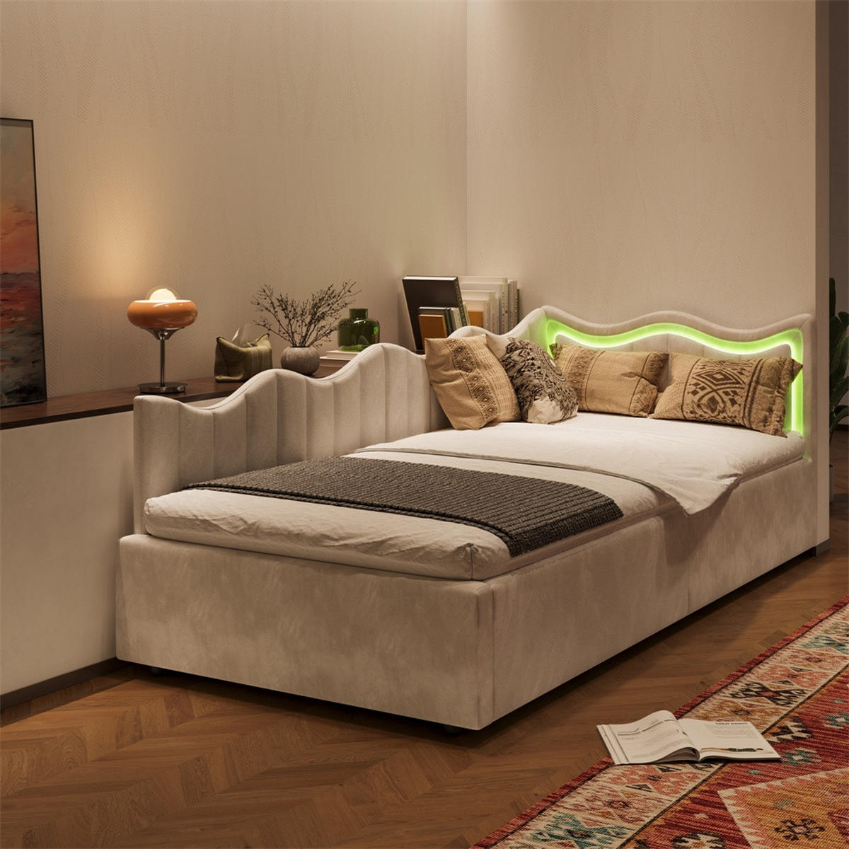 EINZELBETT 90x200cm - Polsterbett mit hydraulischem Stauraum und LED-Beleuchtung - ohne Matratze - Creme-Weiß - Beige, Textil (90/200cm) - DELFA