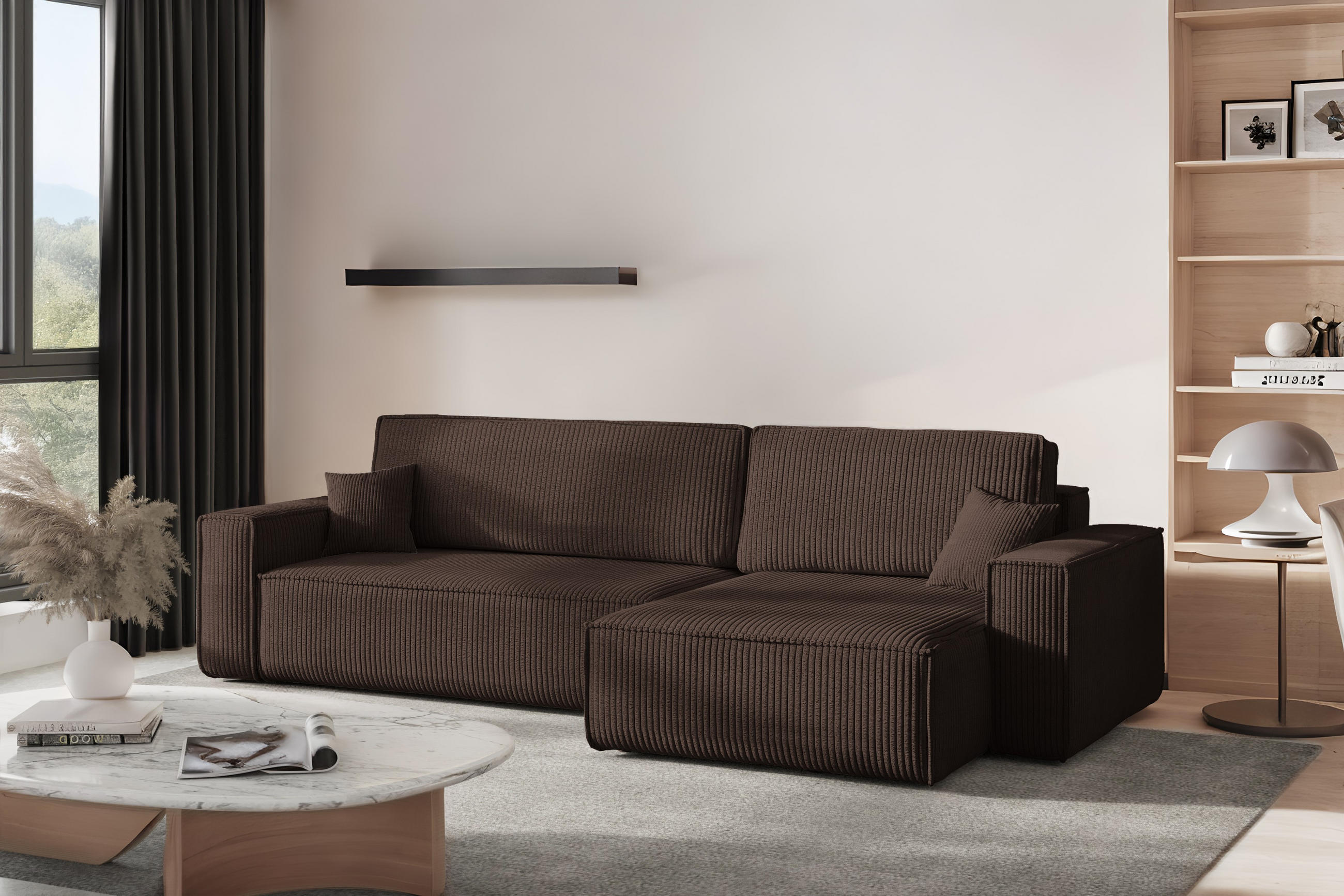 ECKSOFA Mit Schlaffunktion Und Bettkasten, Eckcouch BEST XL Stoff Poso Dicker Cord Braun Rechts - Schwarz/Braun, Holz/Kunststoff (274/142cm) - Kaiser Möbel