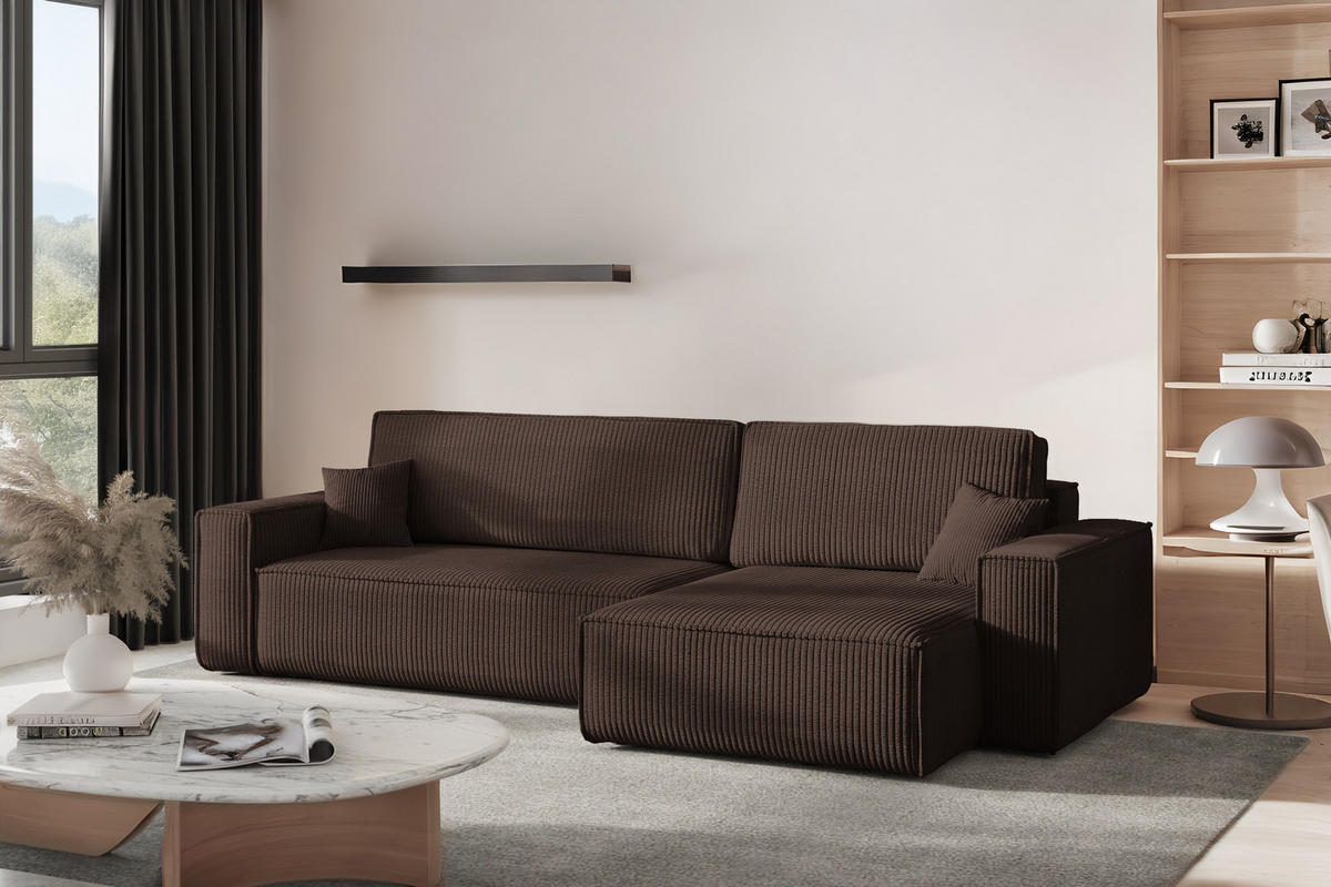 ECKSOFA Mit Schlaffunktion Und Bettkasten, Eckcouch BEST XL Stoff Poso Dicker Cord Braun Rechts - Schwarz/Braun, Holz/Kunststoff (274/142cm) - Kaiser Möbel