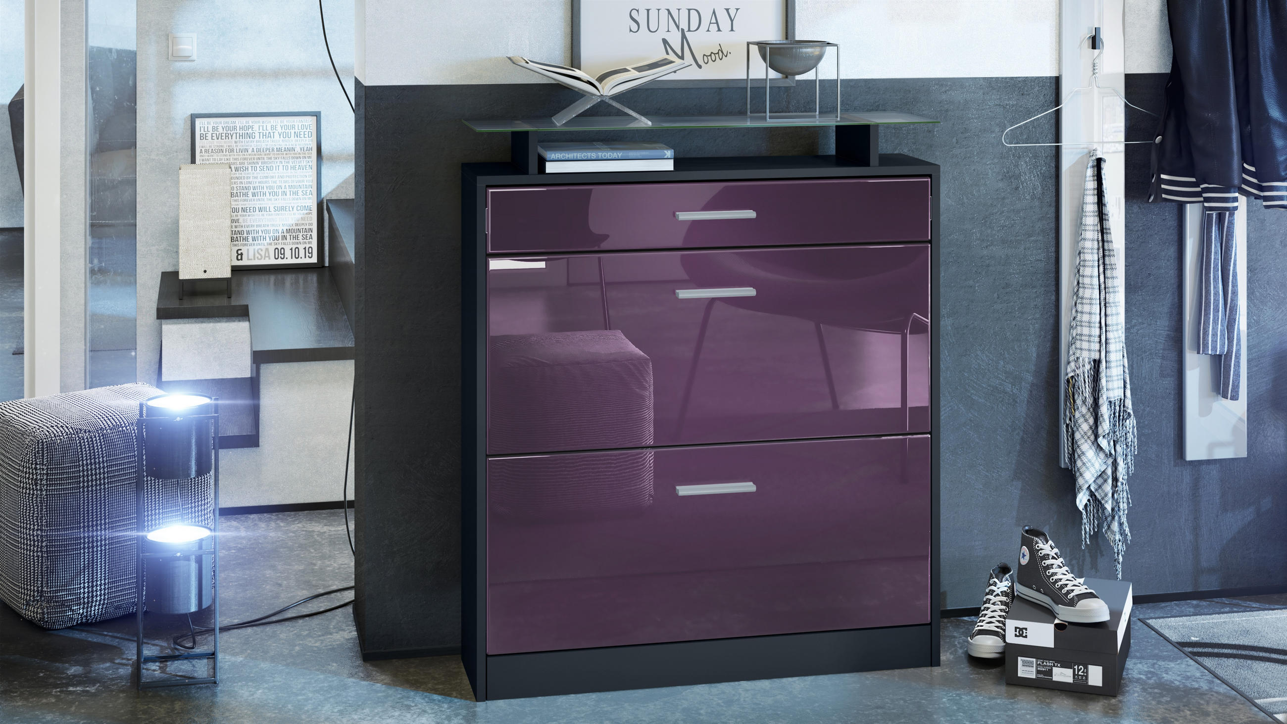 SCHUHSCHRANK Loret Front in Brombeer Hochglanz - Brombeere, Holzwerkstoff (89/104/23cm) - Vladon