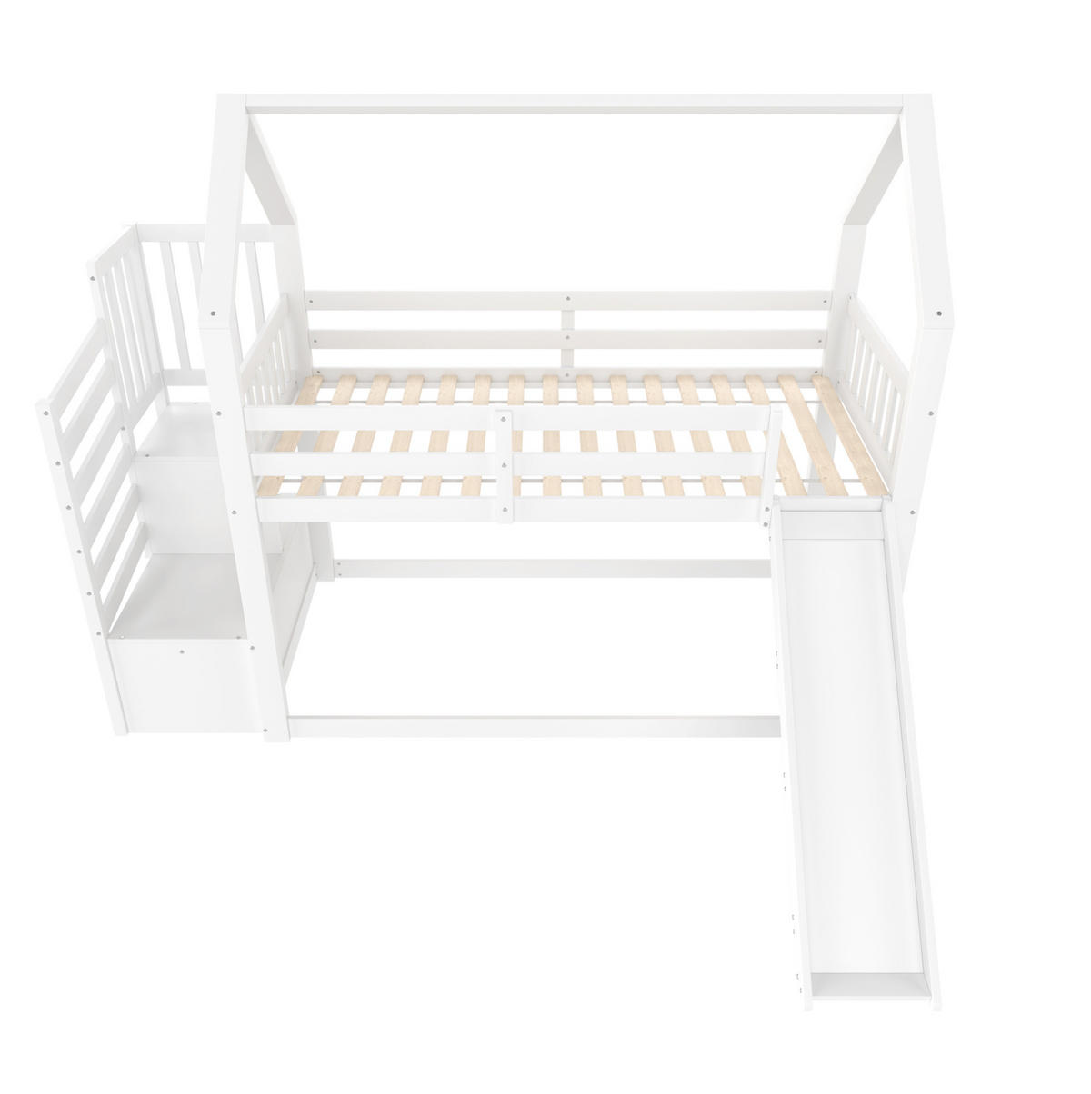ETAGENBETT aus Kiefer und MDF 90x200 cm Weiß/Grau mit Stauraumtreppe, Rutsche und Hausdesign - Weiß, Holzwerkstoff (90/200cm) - Modfu