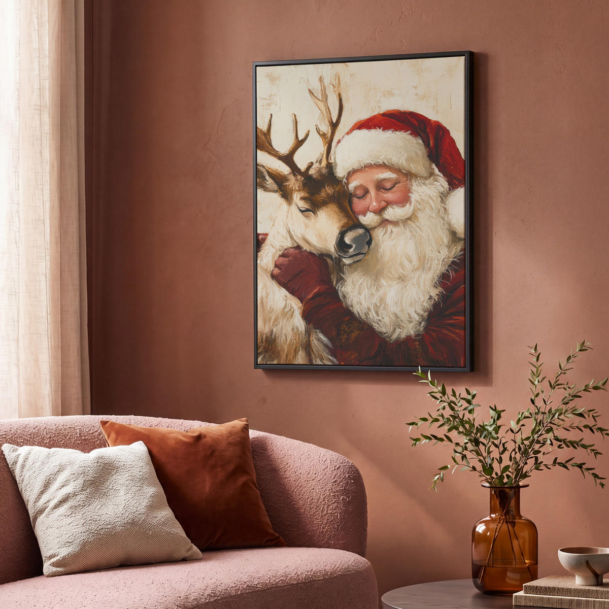 LEINWAND Bilder mit Rahmen - Weihnachtsmann - Rentier - Weihnachten - 70x100 - Rotbraun, Textil (70/100cm) - MuchoWow