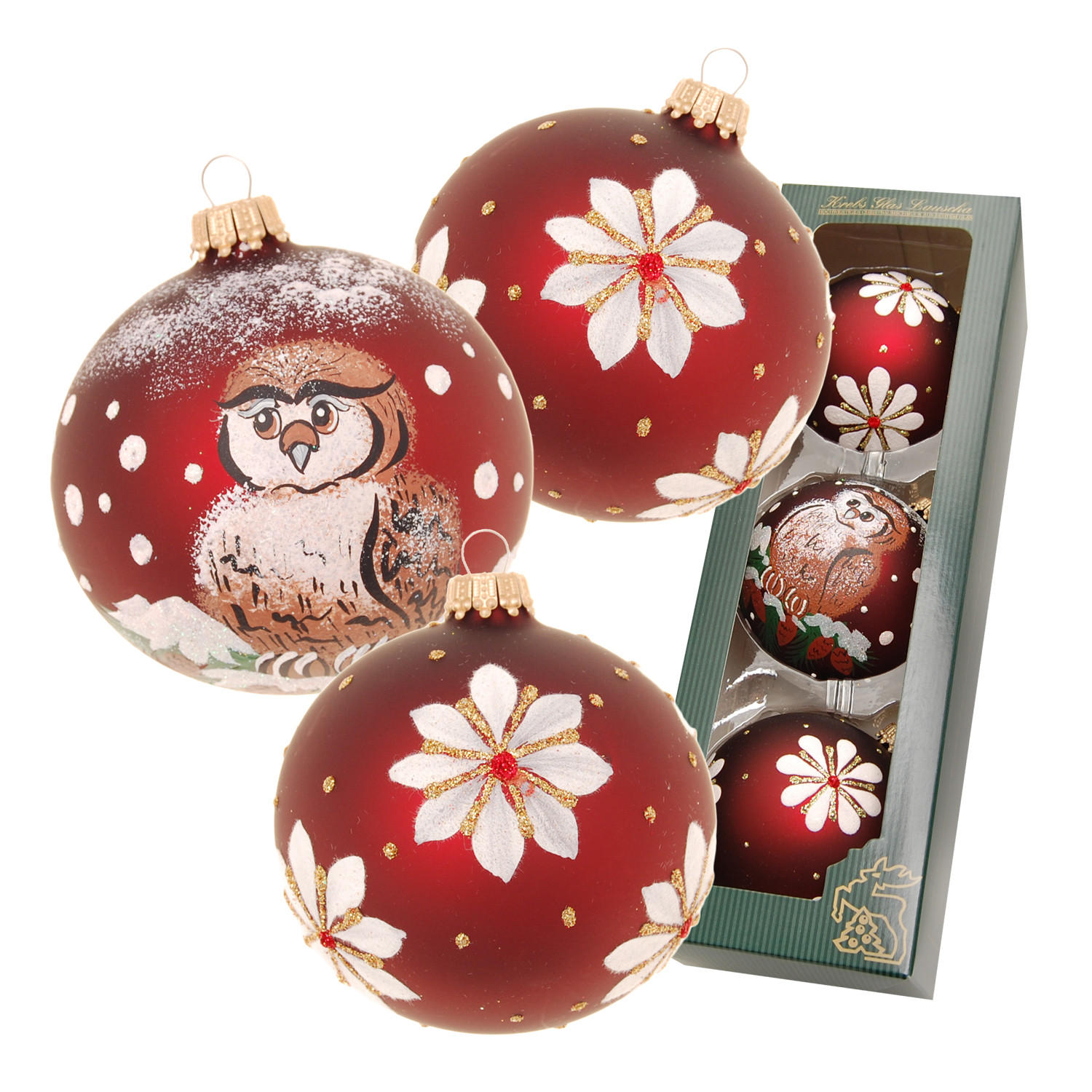 CHRISTBAUMKUGELN Eule und Blüten Braun 8cm (Glas / 3 Stk.) - Braun, Glas (8/8/8cm) - Krebs Glas Lauscha