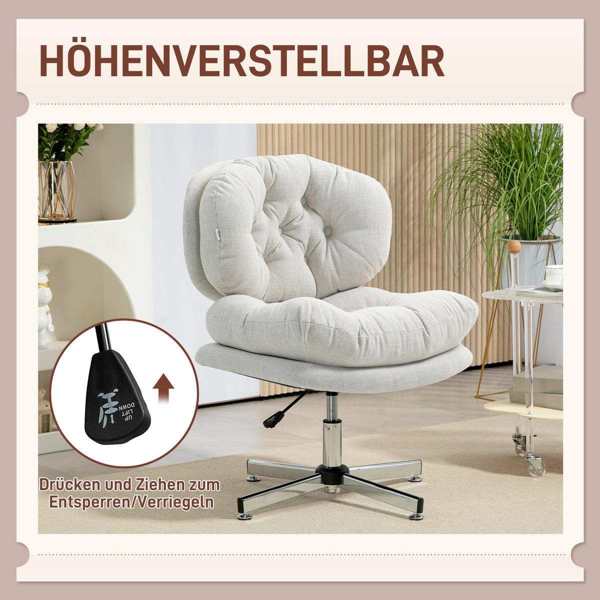 BÜROSTUHL ohne Armlehnen, bequemer Schreibtischstuhl mit gepolstertem Sitz und verstellbarer Höhe, Cremeweiß - Creme, Textil (65/94/65cm)