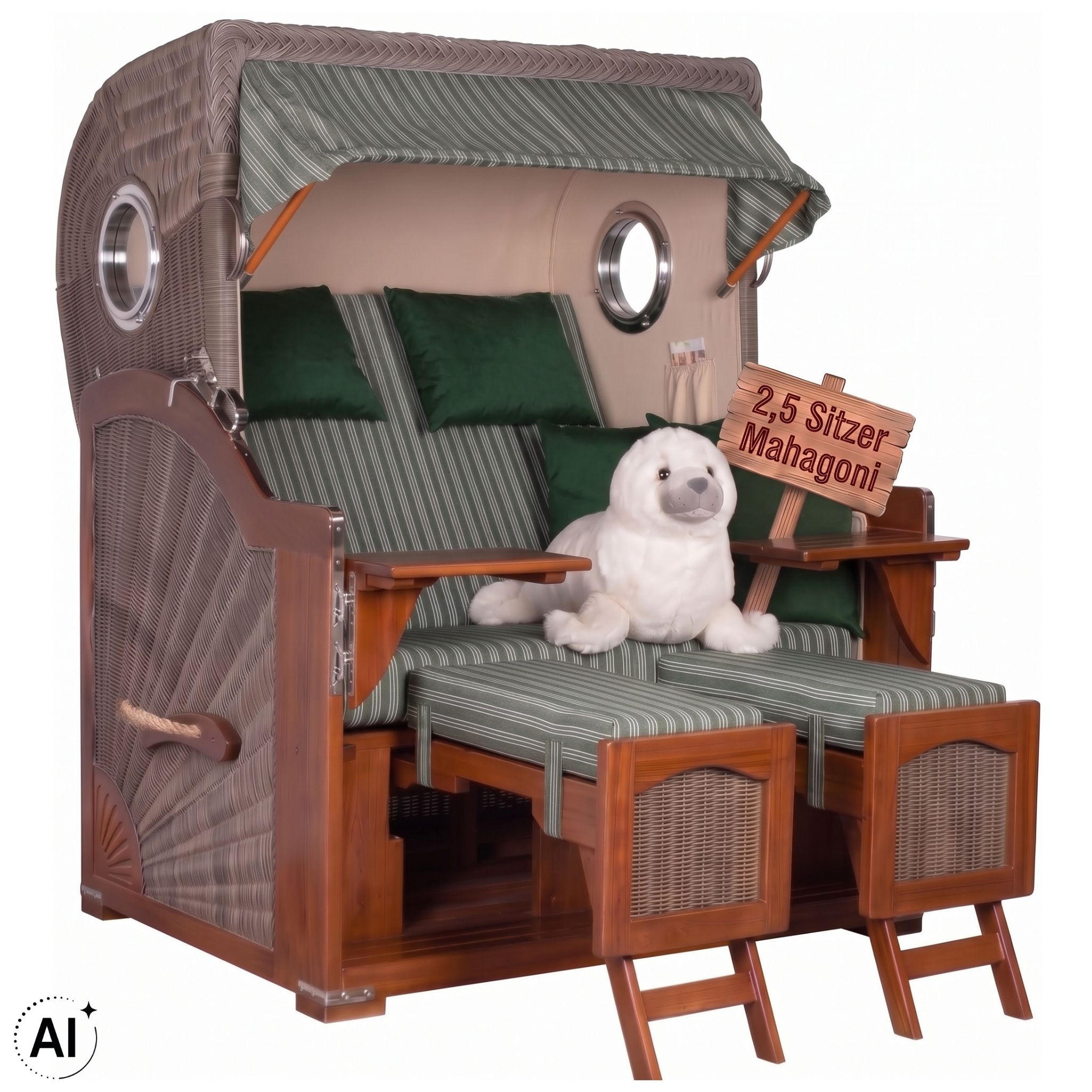 STRANDKORB XXL Düne Grande 2,5 Sitzer - Braun/Grün, Metall (142/170/95cm) - Mr. Deko