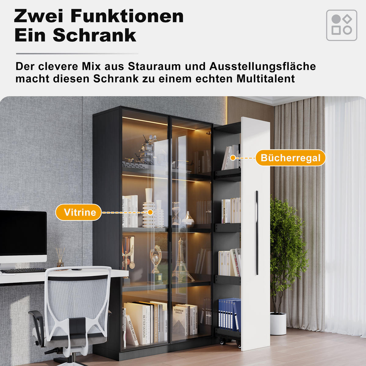VITRINE 110,5/35/160 cm in Schwarz/Weiß mit LED-Beleuchtung und Seitenauszug - Schwarz, Holzwerkstoff (110.5/160/35cm) - Flora Grace