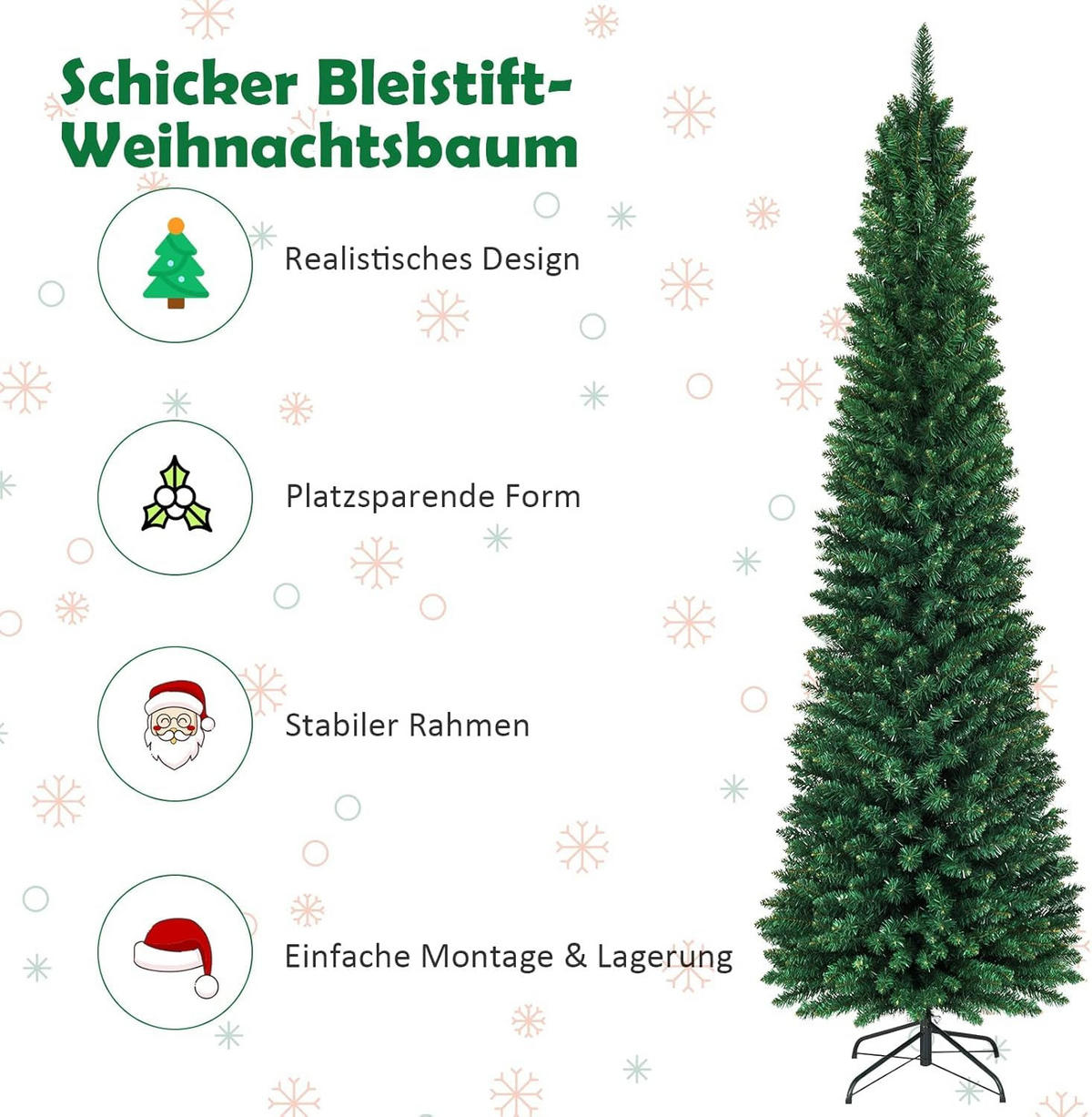 WEIHNACHTSBAUM Bleistiftform mit Metallständer 270 cm grün - Grün, Metall (270cm) - COSTWAY