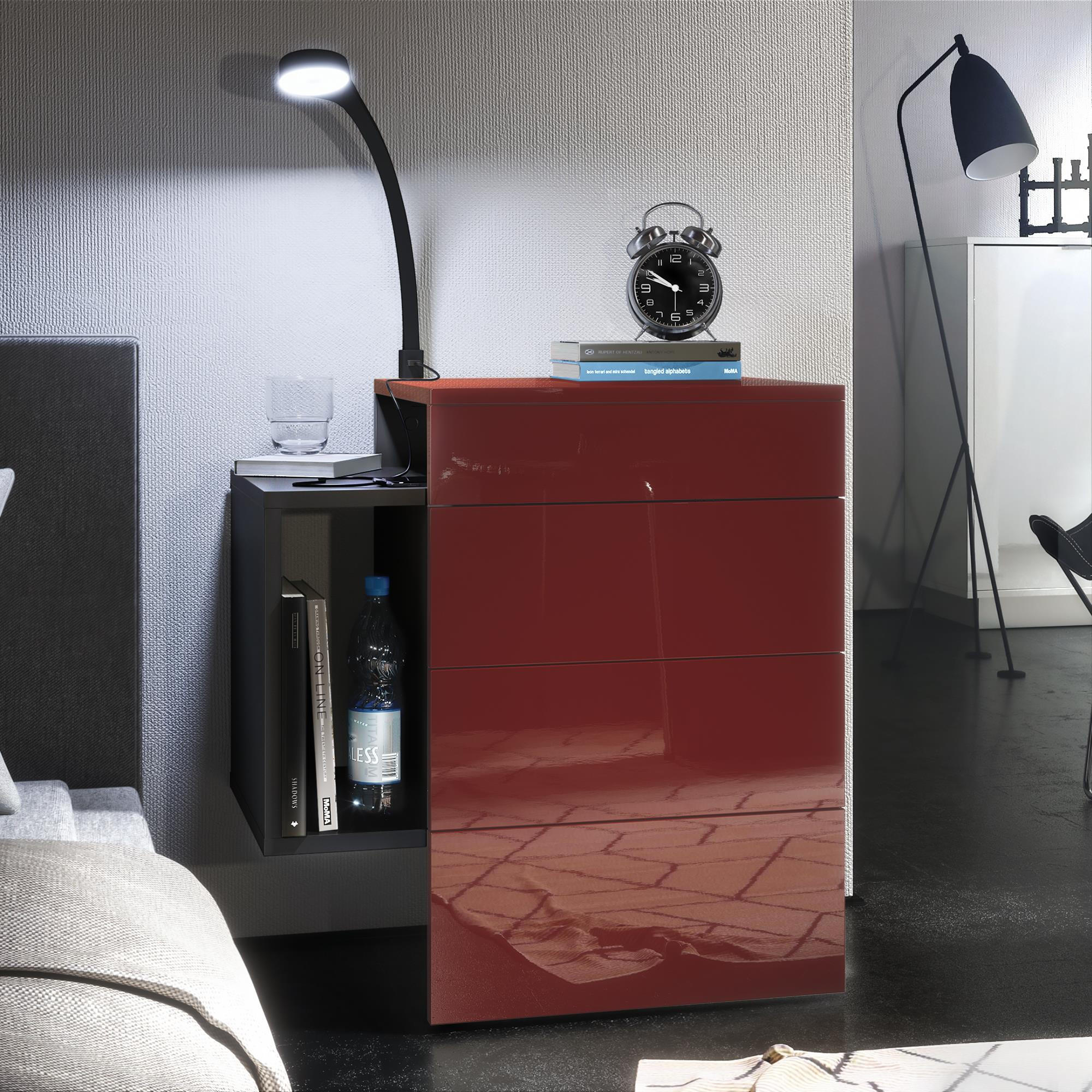 NACHTTISCH Queens Front in Bordeaux Hochglanz - Bordeaux, Holzwerkstoff (60/63/36cm) - Vladon