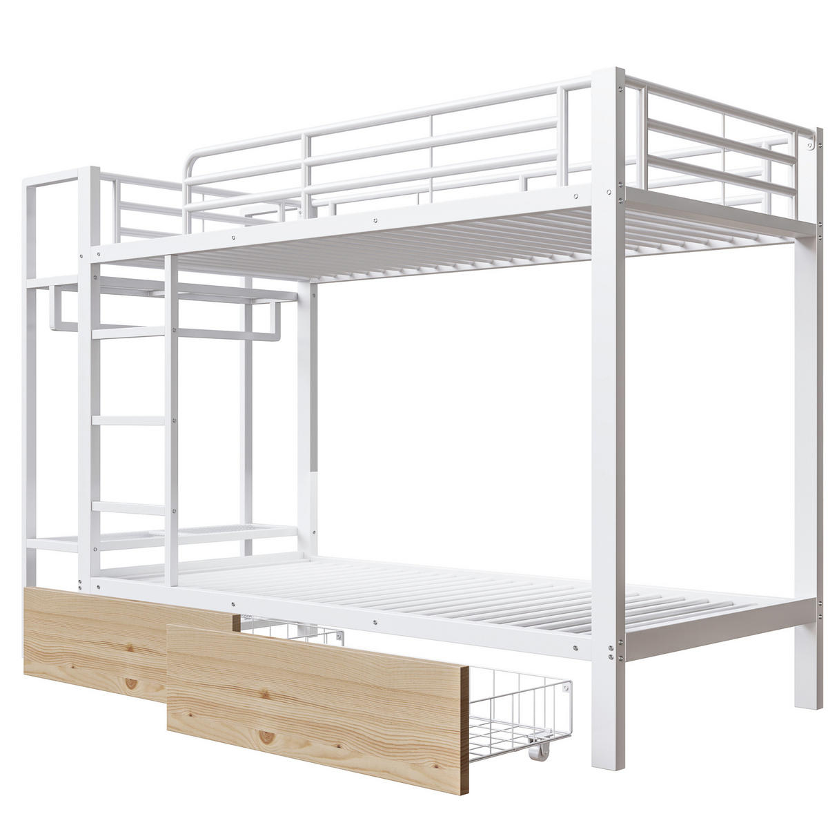 ETAGENBETT aus Metall 90x200 cm Weiß mit LED-Lichtleiste, 2 Schubladen, Ablageflächen und Kleiderstange - Weiß, Metall (90/200cm) - Modfu