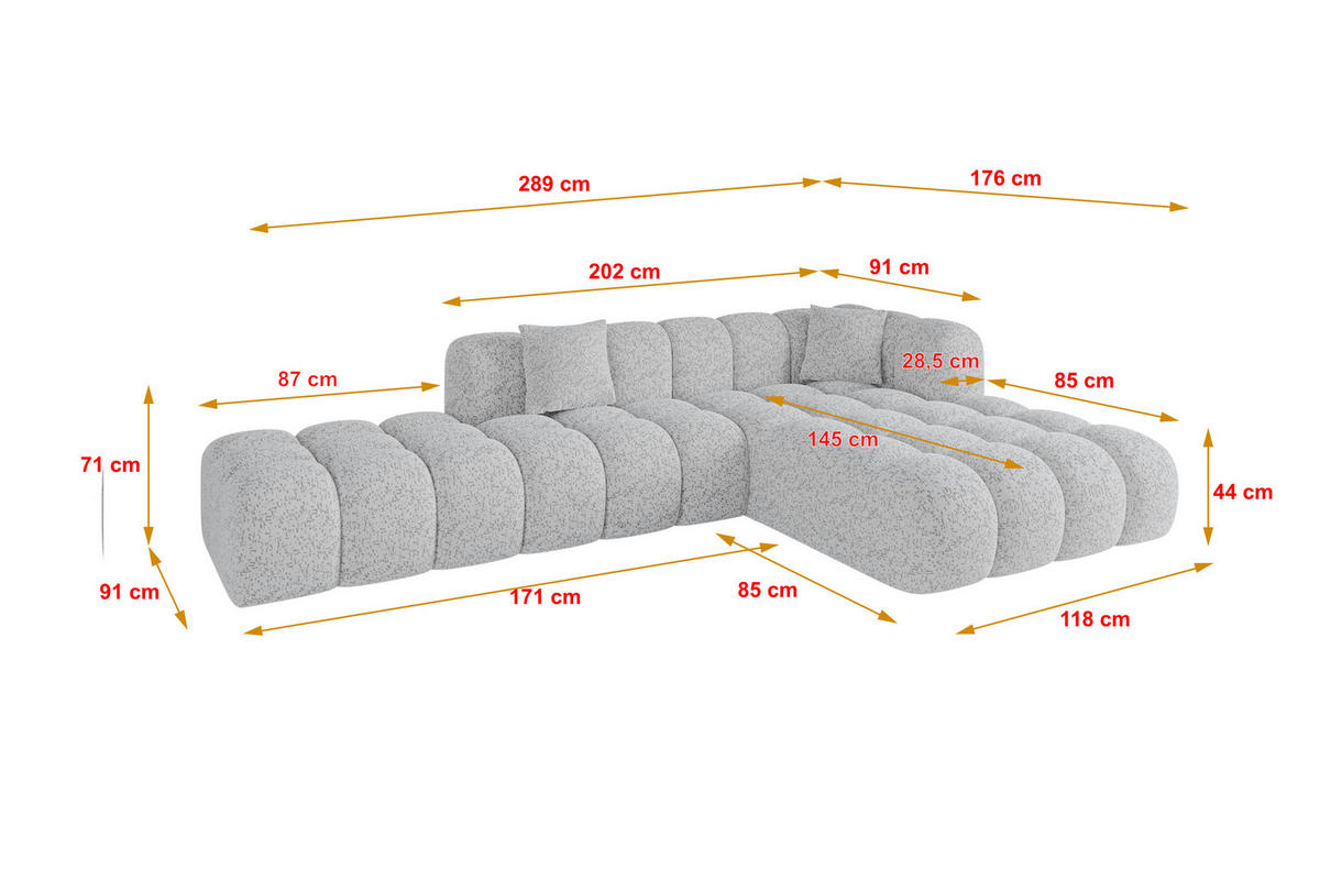 ECKSOFA Ottomane Rechts OLEA-L2 - 289x176x71 cm Grau - Schwarz/Grau, Holzwerkstoff/Kunststoff (289/176cm)