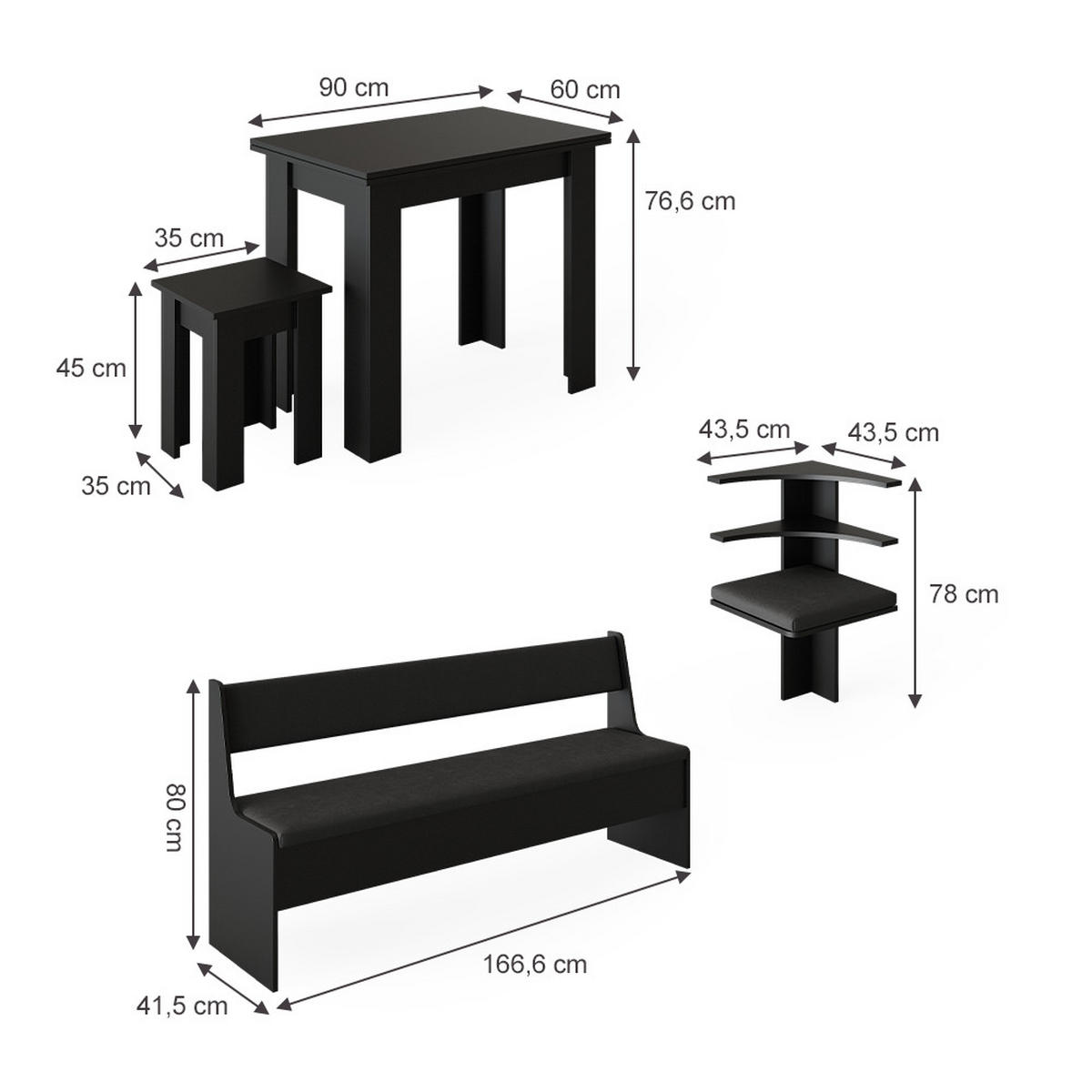 ECKBANKGRUPPE Roman Schwarz 210 x 41.5 cm mit Tisch - Schwarz, Holzwerkstoff (210/80/210cm) - Vicco
