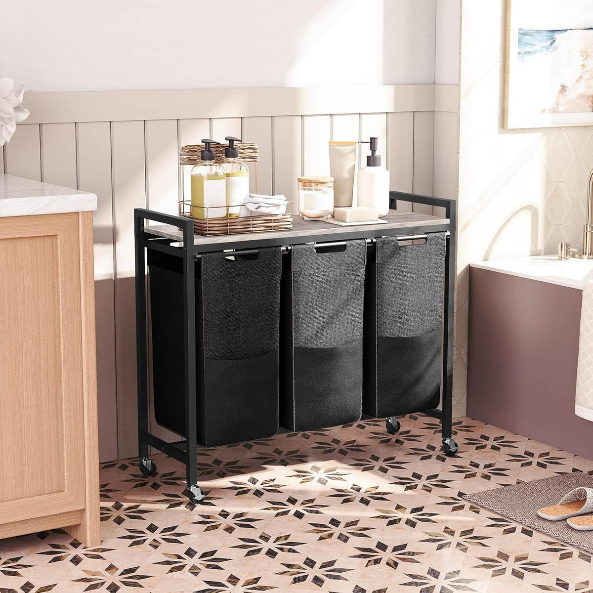 WÄSCHESAMMLER Braun 3 Fächer mit Ablage - Greige/Schwarz, Holzwerkstoff (33/75/84cm) - Hoobro