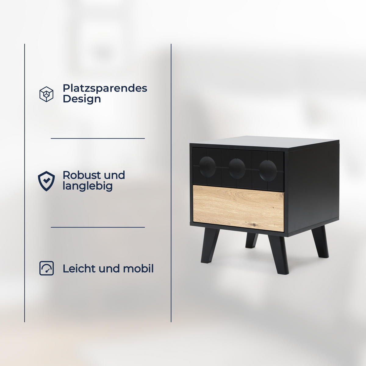 NACHTTISCH mit 2 Schubladen, Natur und Schwarz | 40T x 45B x 48H cm - Schwarz, Holz (45/48/40cm) - Hometopia