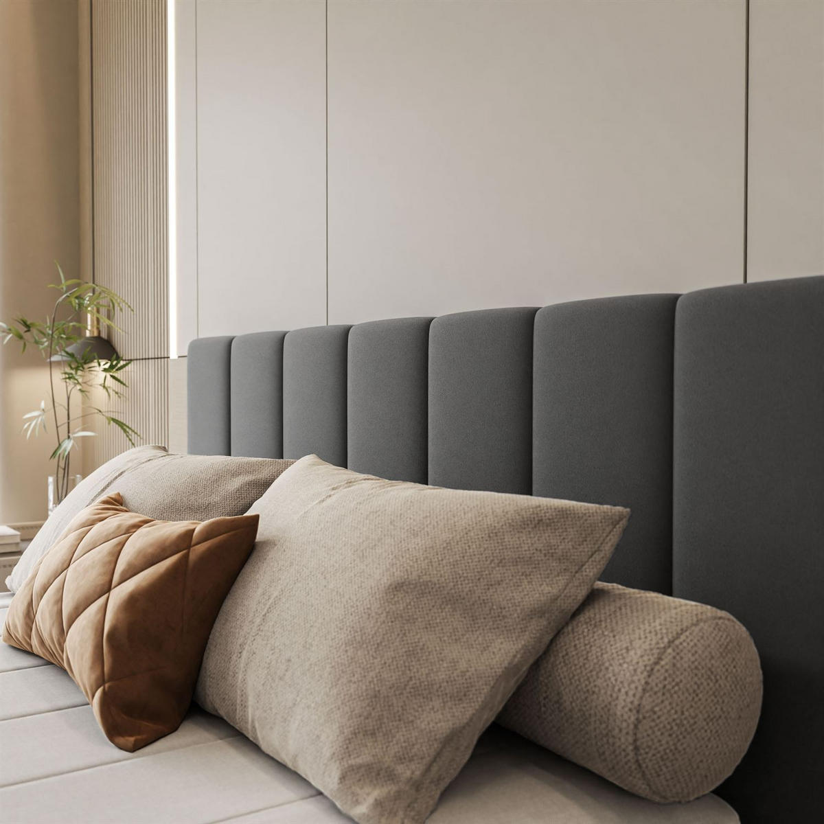 POLSTERBETT ELISE 90x200 cm Jasmine 96, Kopfteil 95 cm, 17 Holzlatten - Grau, Textil (90/200cm) - Lookway