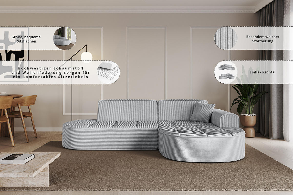 ECKSOFA Ottomane Rechts TARO-L1 - 243x171x79,5 cm Weiß - Weiß, Holzwerkstoff/Textil (243/171cm) - ALTDECOR