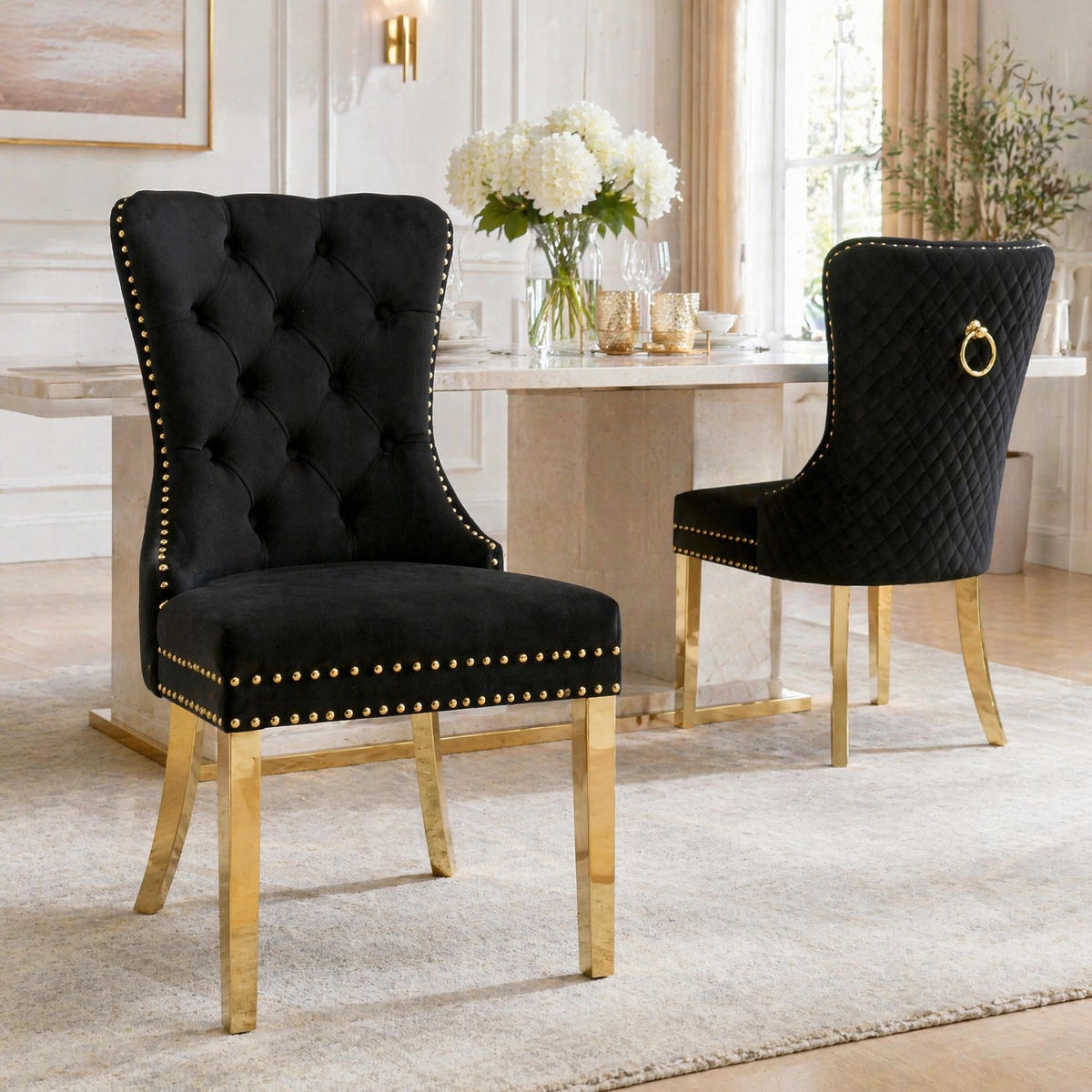 WOHNZIMMER STÜHLE mit Samtbezug, Zugringen und verstellbaren Füßen, Schwarz/Gold - Schwarz, Textil (51/95/65.5cm) - EVRYAE