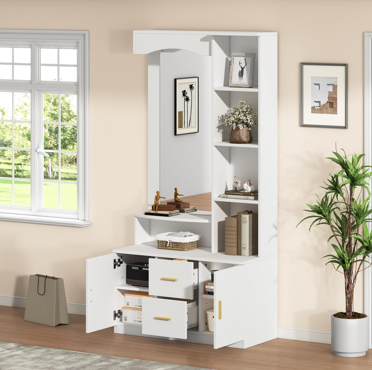 FLURSCHRANK 90/40/180 cm mit Spiegel, 2 Schubladen, 2 Schränken und Regalen aus MDF, Weiß - Weiß, Holzwerkstoff (90/180/40cm) - Redom