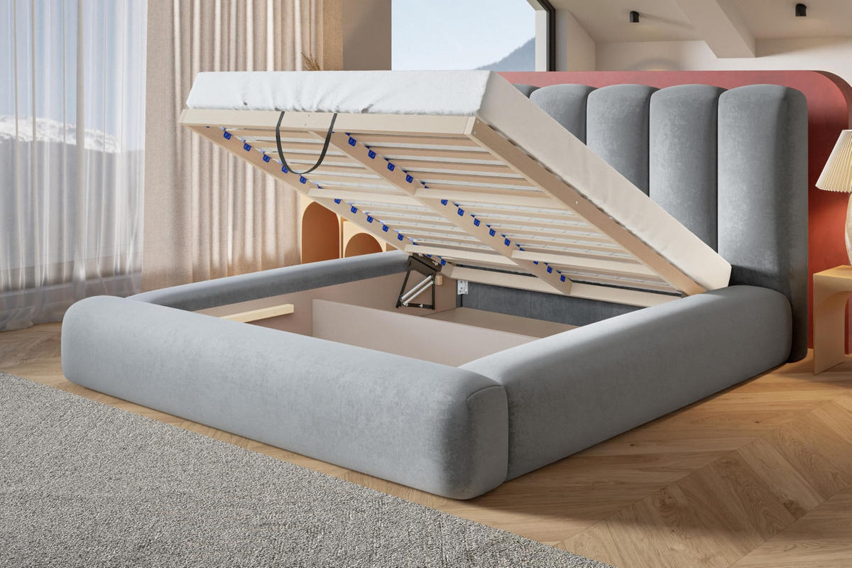 BETT 120x200 - Polsterbett mit Bettkasten und Holzrahmen - Modern Bett - Eleganter Jasmine-Stoff - Kollektion Alva Maxi - Grau - Grau, Holz/Textil (120/200cm) - Alpi-Möbel