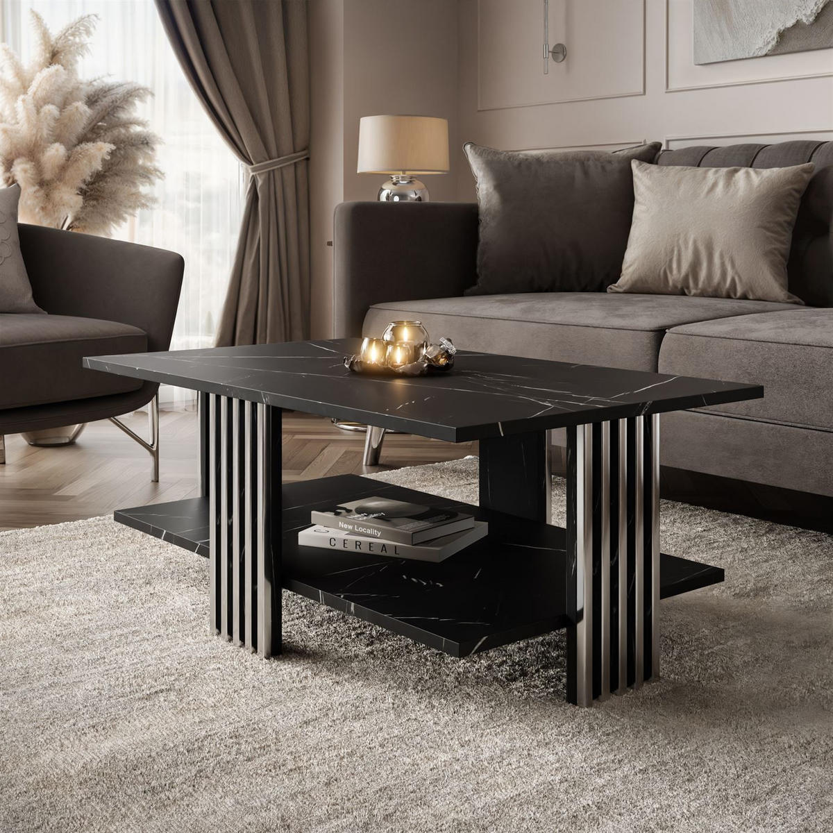 COUCHTISCH SAPHIRA SILVER mit Ablageboden, Schwarz Marmour - Schwarz, Holzwerkstoff (60/100/40cm) - Lookway