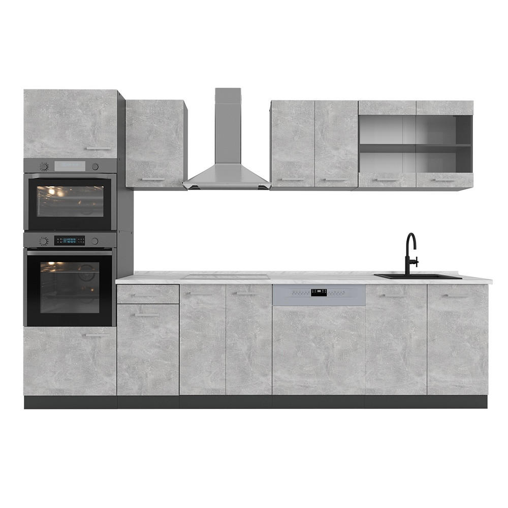 KUHINJSKI BLOK R-Line Beton 300 cm z visoko omaro, DP Marmor - siva/antracit, leseni material (300/81.6/60cm) - Vicco