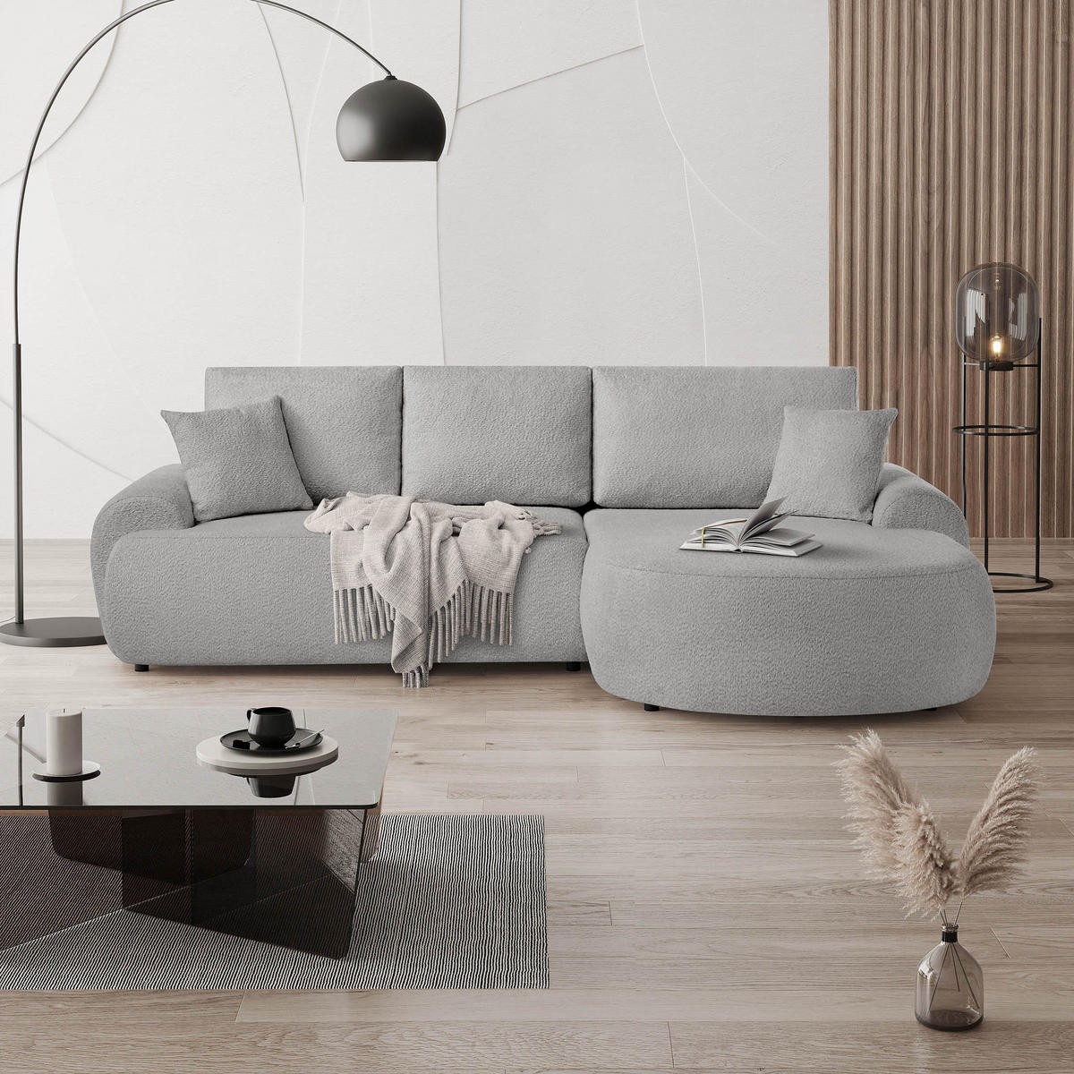ECKSOFA Teddy L Hellgrau, Bouclé-Stoff, rechts - Hellgrau/Schwarz, Textil (270/170cm) - Beautysofa