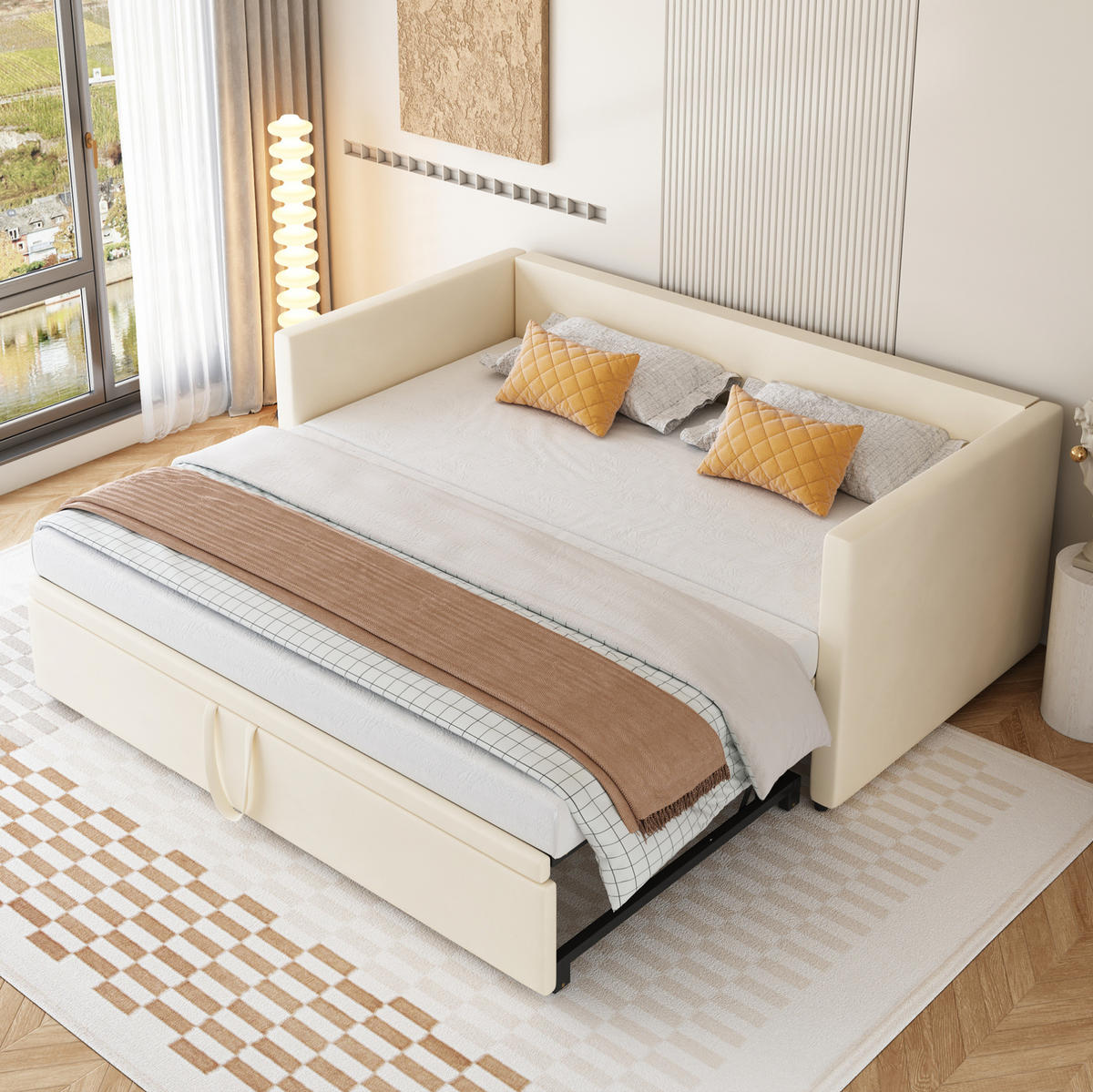ČALÚNENÁ rozkladacia posteľ z MDF 90x200 cm béžová s roštom, výsuvným lôžkom a podrúčkami - béžová, koža (90/200cm) - Modfu