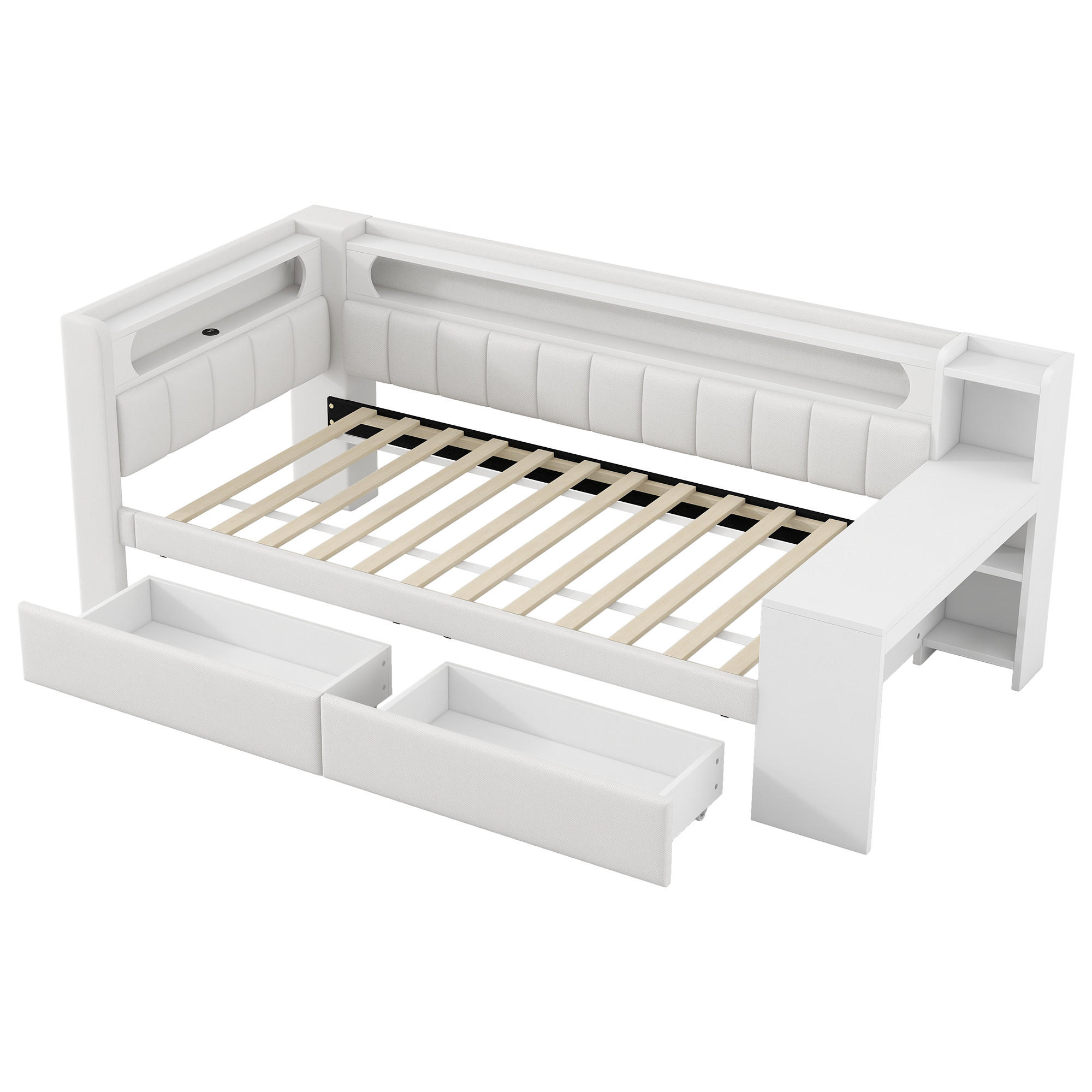 KINDERBETT 90/200 cm DE-03385, mit LED, Schreibtisch und 2 Schubladen, in Weiß - Weiß, Holzwerkstoff (90/200cm) - ComfortXL