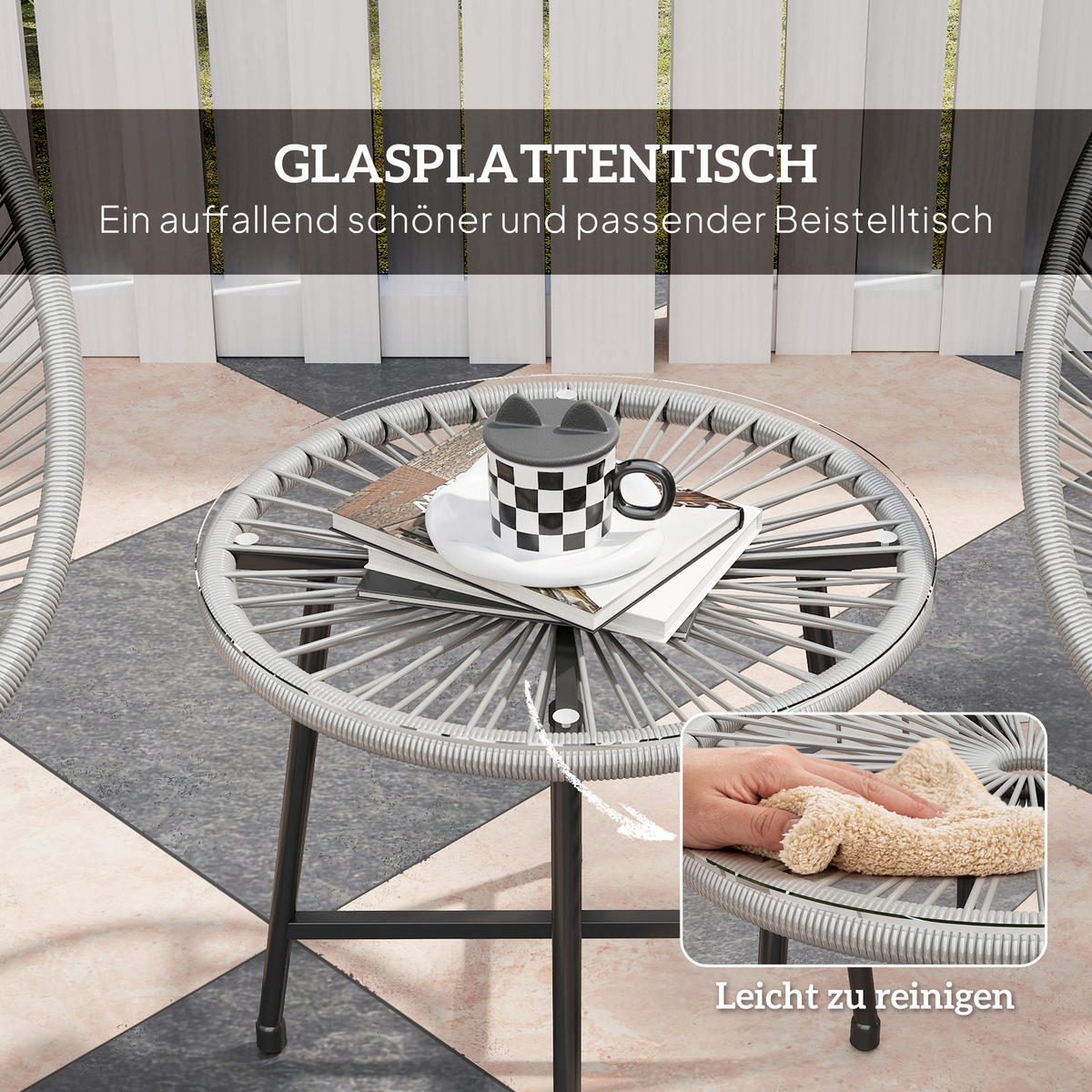 GARTENSET 3 TLG. Tisch mit Glasplatte Hellgrau - Schwarz/Grau, Kunststoff/Metall - Outsunny