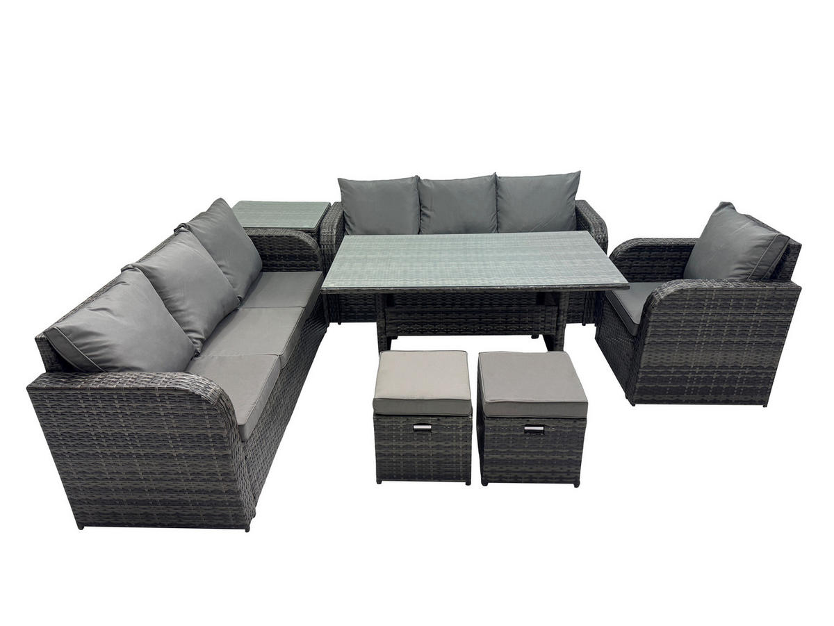 GARTENTISCHGRUPPE mit Beistelltisch Polyrattan Dunkelgrau 9-Sitzer - Dunkelgrau/Grau, Glas/Kunststoff - Fimous