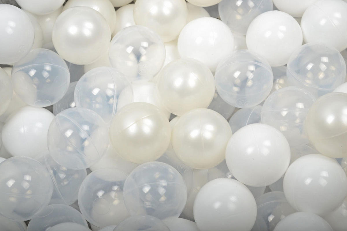 BÄLLE für Bällebad, Spielbälle, Plastikbälle für Kinder Set 300 pcs.: Perlweiß/Weiß/Transparent - Perlmutt, Textil (7/7/7cm) - MeowBaby