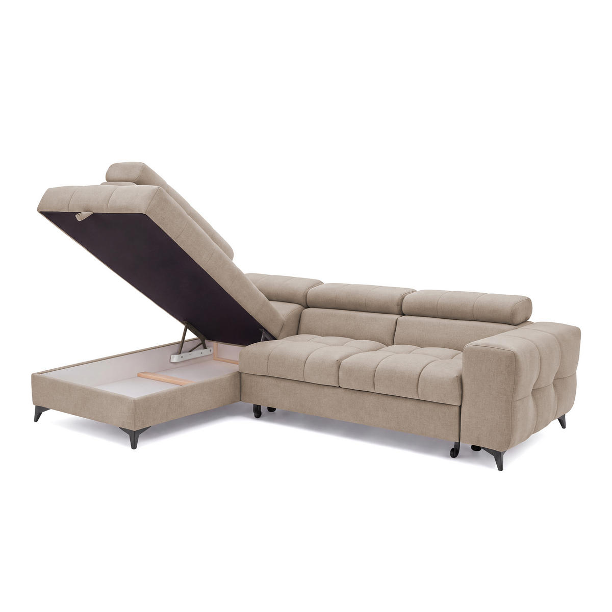 ECKSOFA PUDDING S Links mit Schlaffunktion 125x195 Velours Beige - Beige/Schwarz, Holz/Textil (177/275cm) - Muffo