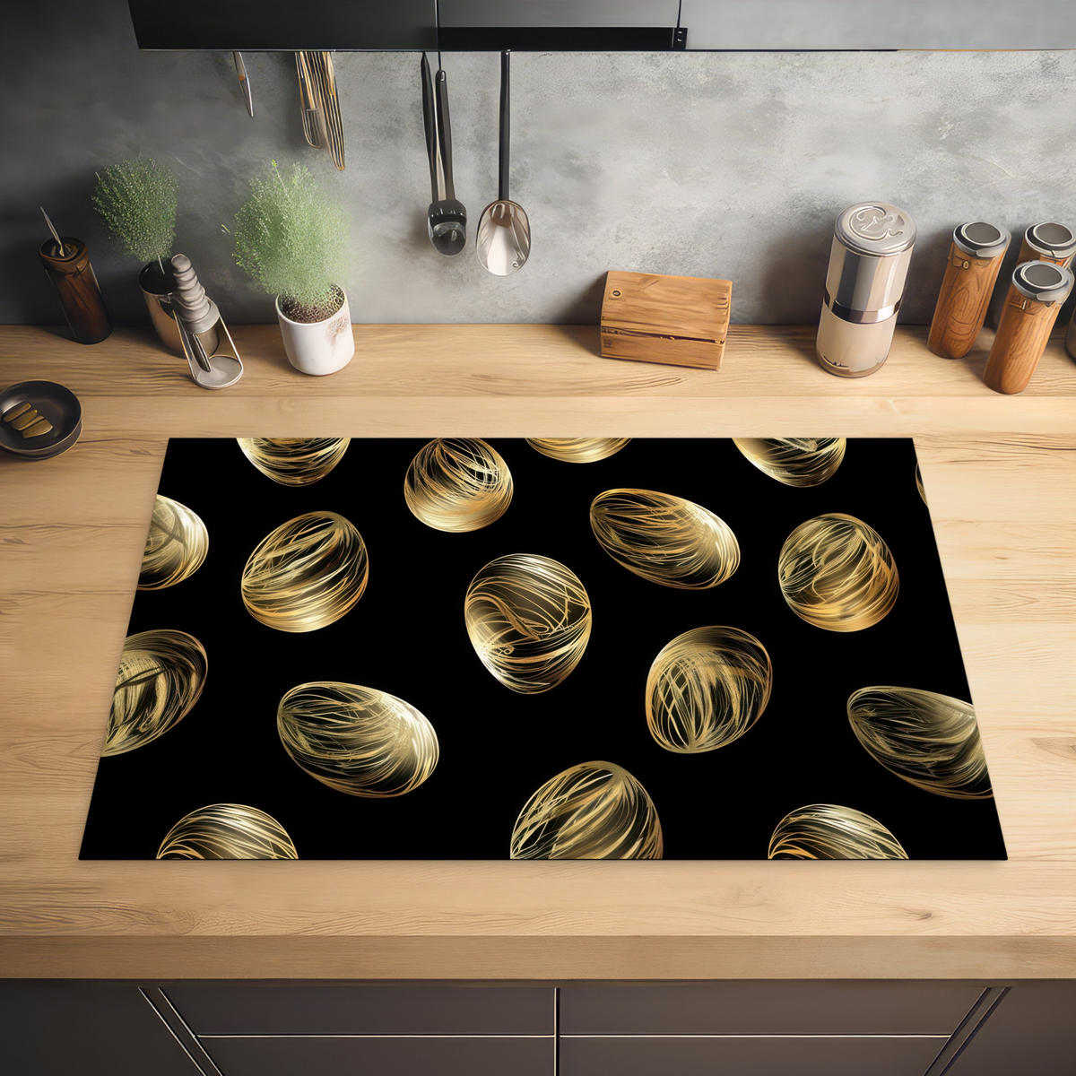 HERDABDECKPLATTE Eier - Gold - Muster Induktionsschutz 81.6x52.7 cm - Schwarz, Kunststoff (81.6/52.7/0.2cm) - MuchoWow