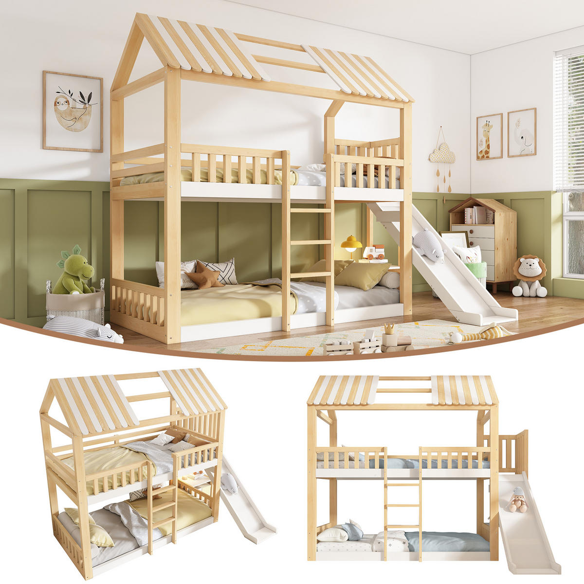ETAGENBETT 90/200 cm & 90/200 cm in Weiß & Natur Kinderbett mit Regal und Rutsche im Hausbett-Design - Weiß/Naturfarben, Holzwerkstoff (90/200cm) - STILVORA