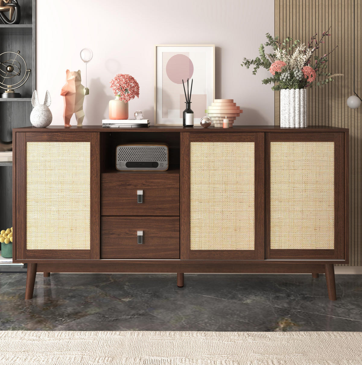 SIDEBOARD mit 3 Schiebetüren und 2 Schubladen 155 x 38 x 80 cm dunkles Holz - Dunkelbraun, Holzwerkstoff (155/80/38cm) - Meubliv