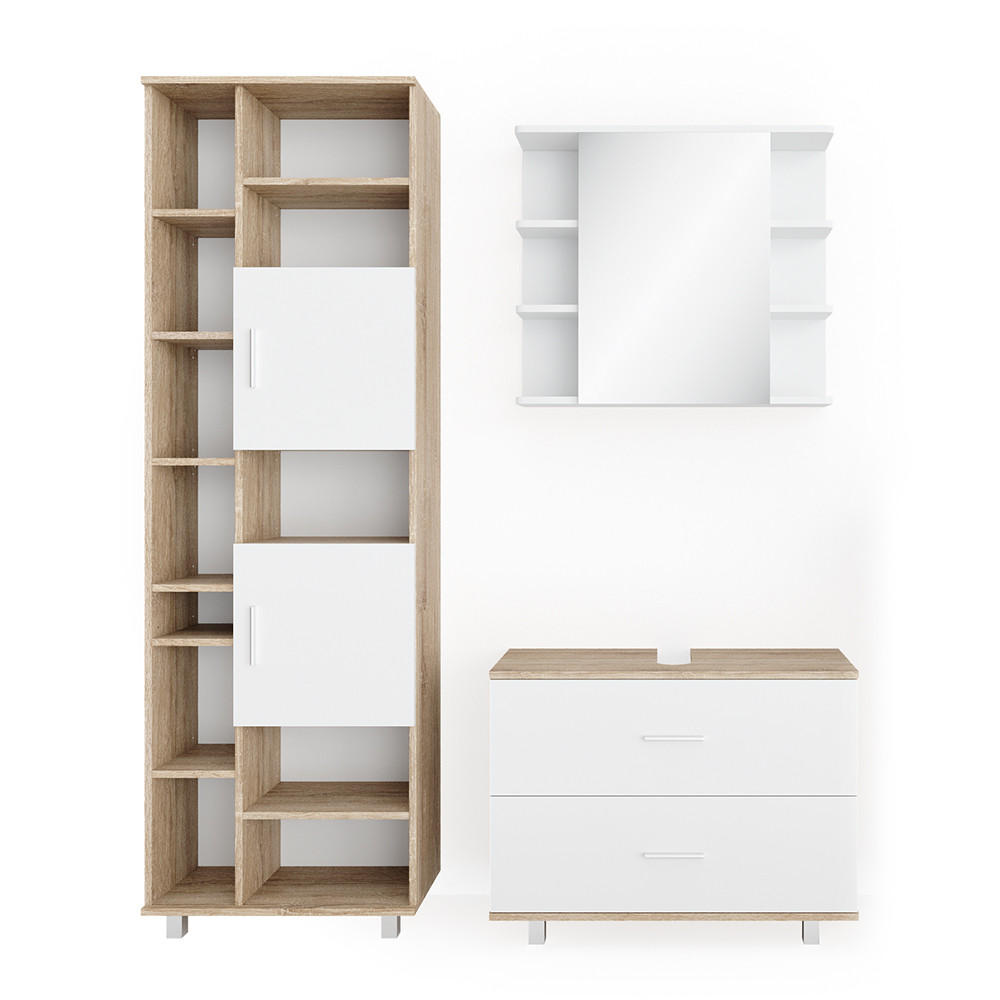 BADMÖBEL-SET Ilias Weiß/Sonoma 3 Teile, mit Unterschrank 80 cm - Weiß/Sonoma Eiche, Holzwerkstoff (80.2/60.8/33cm) - Vicco
