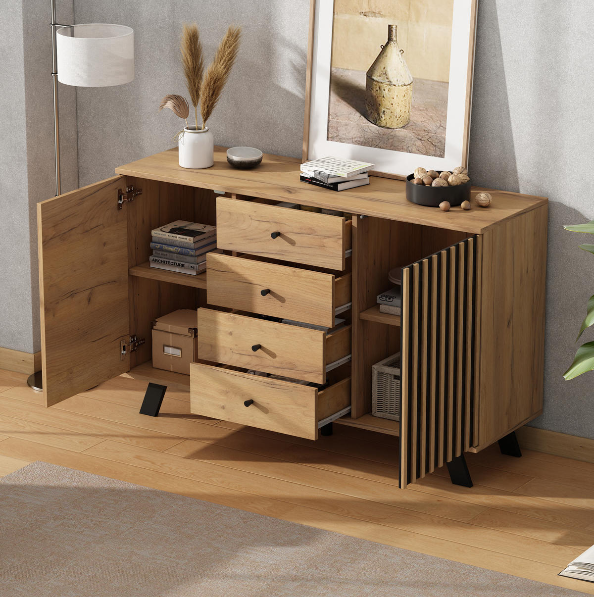 SIDEBOARD 120/38/75 cm Schwarz/Natur aus MDF mit 4 Schubladen und 2 Schränken - Schwarz, Holzwerkstoff (38/75/120cm) - OKMYHOME