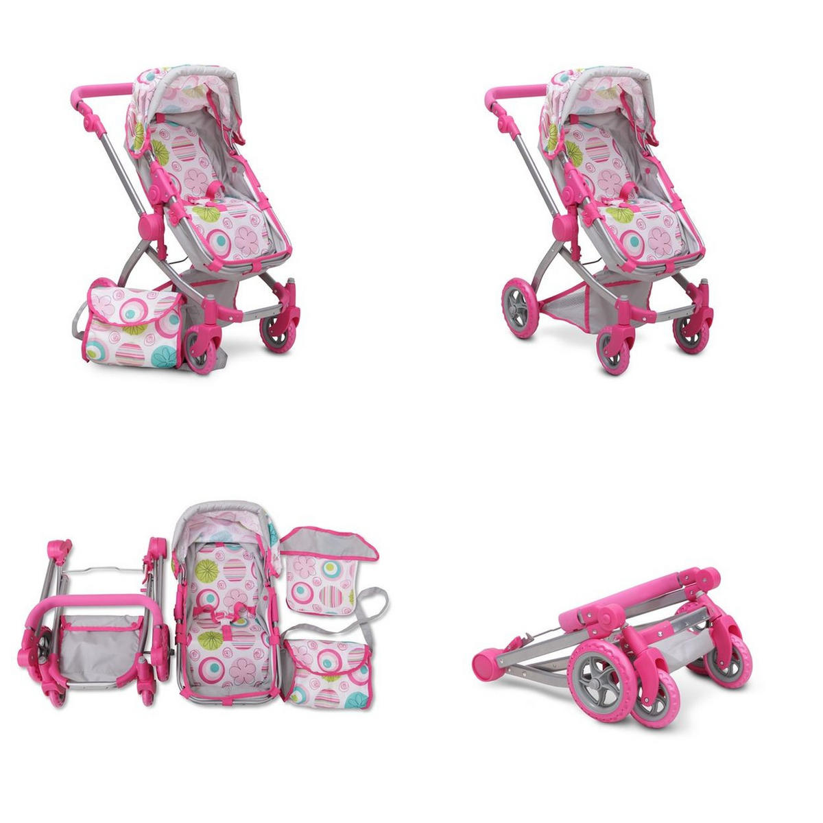 PUPPENWAGEN Rose 9651B Sonnendach, Tasche, verstellbarer Schiebegriff, Sportsitz, Polyester - Rosa, Metall (37/64/63.5cm) - Moni