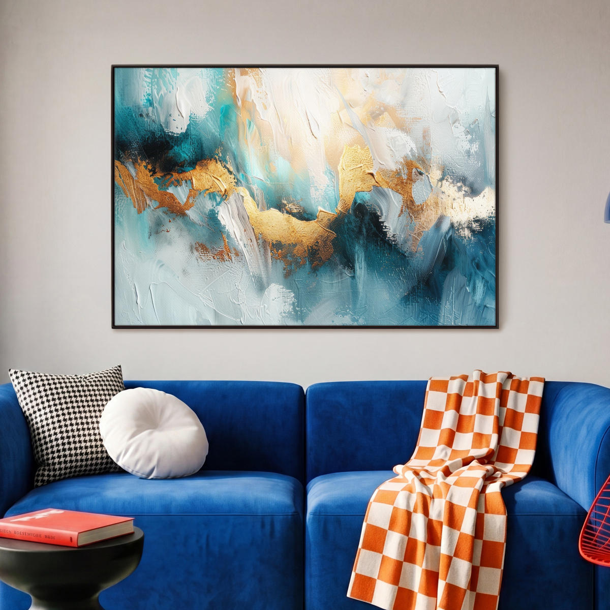 LEINWAND Bilder mit Rahmen - Abstrakt - Kunst - Gold - Blau - 90x60 - Petrol, Textil (90/60cm) - MuchoWow