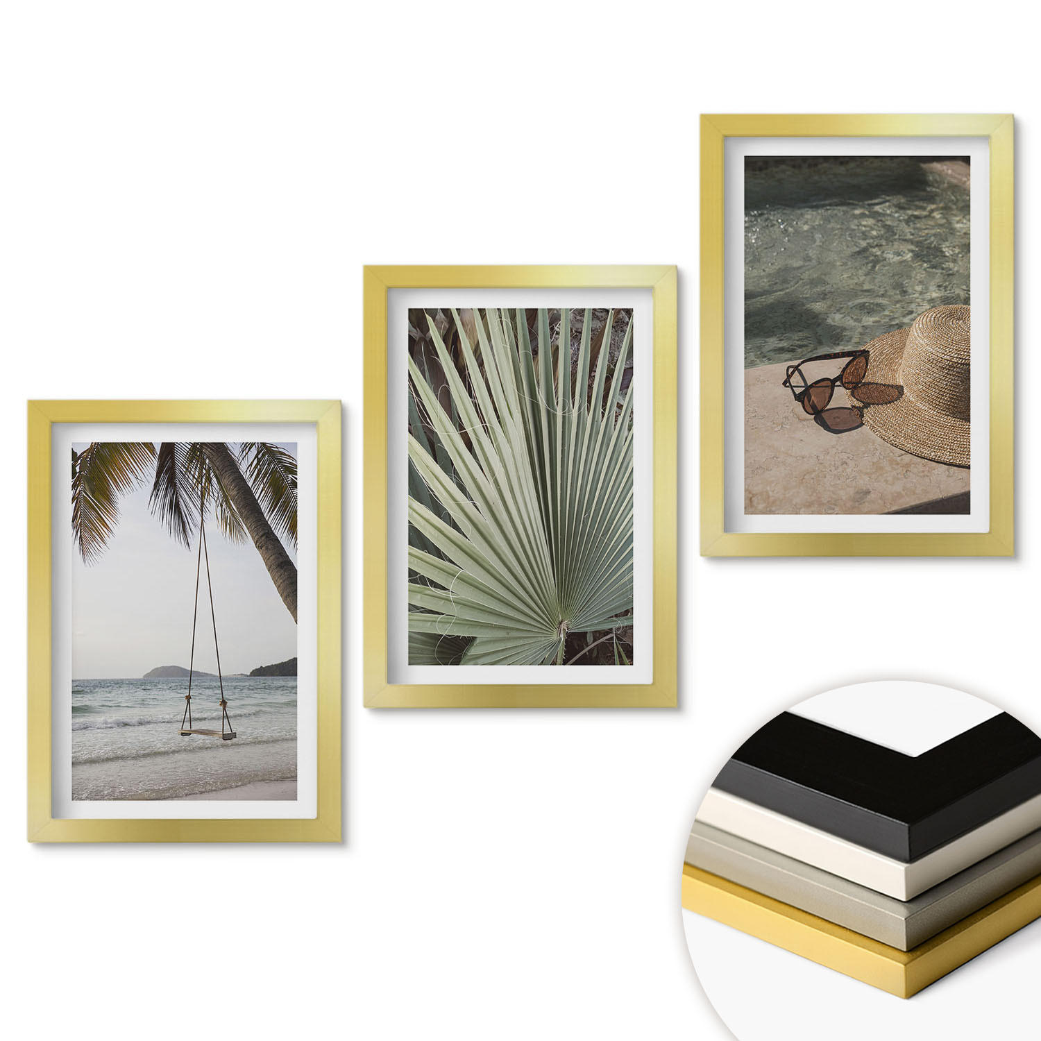 WANDBILDER 3er Set - 20x30 cm Goldrahmen - Strandschaukel-Blätterurlaub - Goldfarben, Kunststoff (20/30cm) - ArtPrintCave