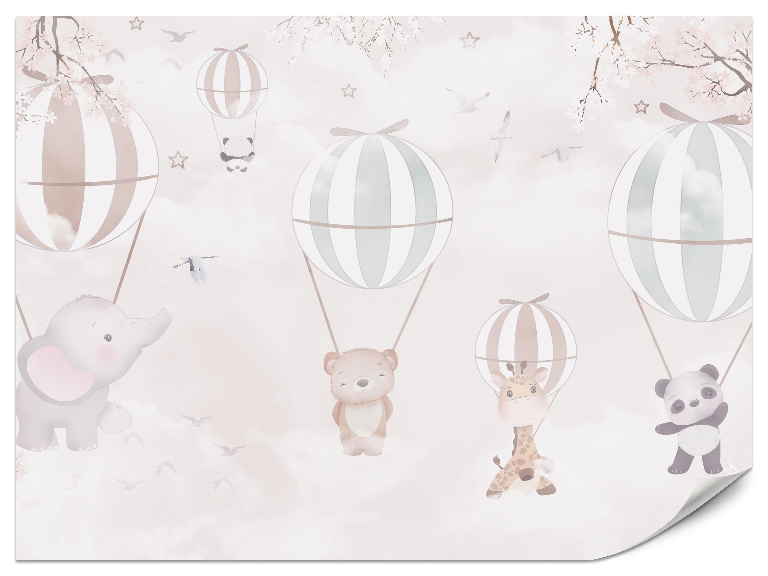 FOTOTAPETE für Kinderzimmer Tiere Himmel Elefant Giraffe Panda Vögel Ballons 500x350 - Multicolor, Papier (500/350cm) - Muralo