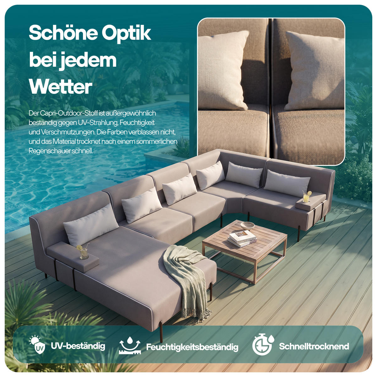 GARTENMÖBEL Set 2 x Sofa und Sessel, BORNEO, UV-beständig, Solide Konstruktion, HR-Schaumfüllung, Wetterfeste Bezugstoff, Beige - Beige, Holz - Trada
