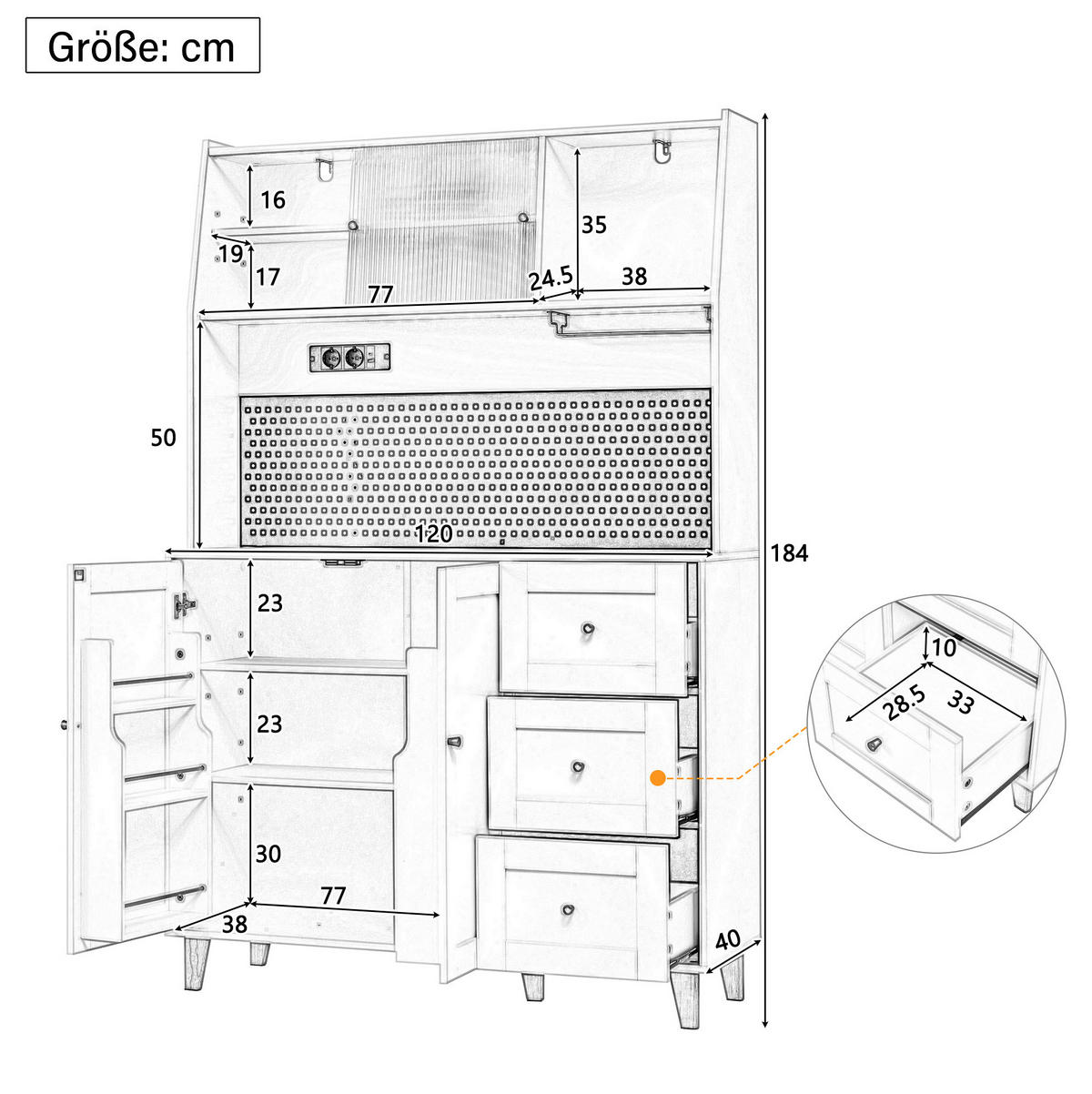BUFFETSCHRANK 120/40/184 cm mit Steckdosen, USB-C, Lochplatte, Glashalter und 3 Schubladen, Weiß - Weiß, Holzwerkstoff (120/184/40cm) - Redom