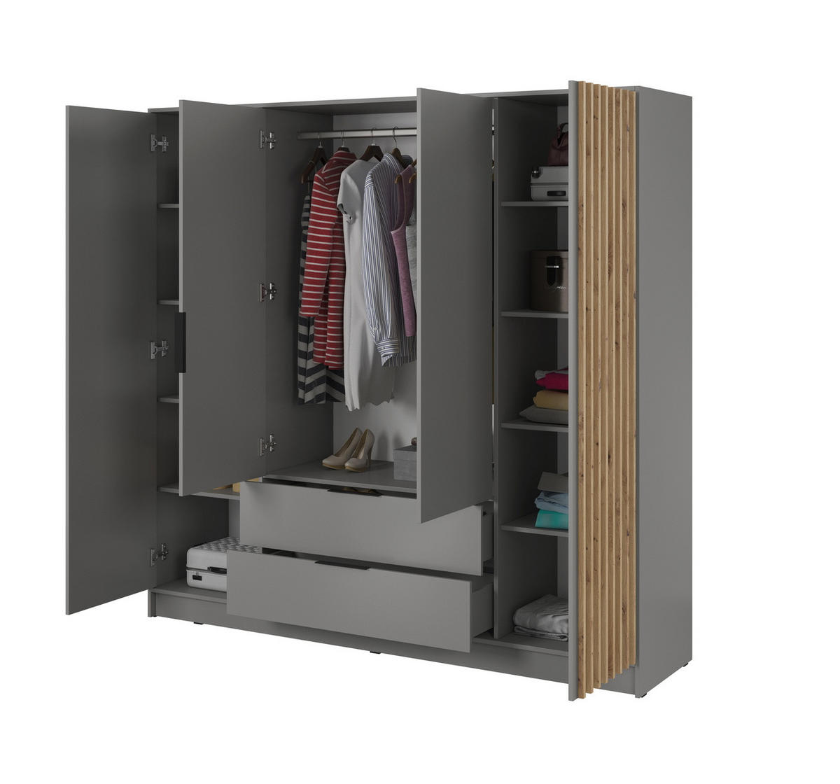 KLEIDERSCHRANK 200 cm Fioro - 4 Türen, Lamellen, Schubladen, Grau - Grau, Holz (205/200/51cm) - Emporius