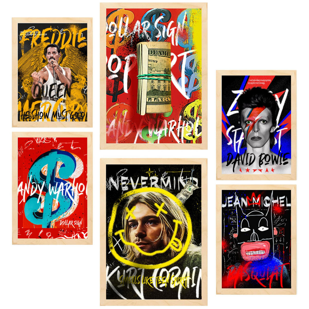 POSTER Set Mit 6 Ikonischer Nirvana Bowie Mercury Warhol Basquiat Grafiti A3 & A4 Rahmen Aus Hellem Holz - Beige, Papier (29/3cm) - Nacnic